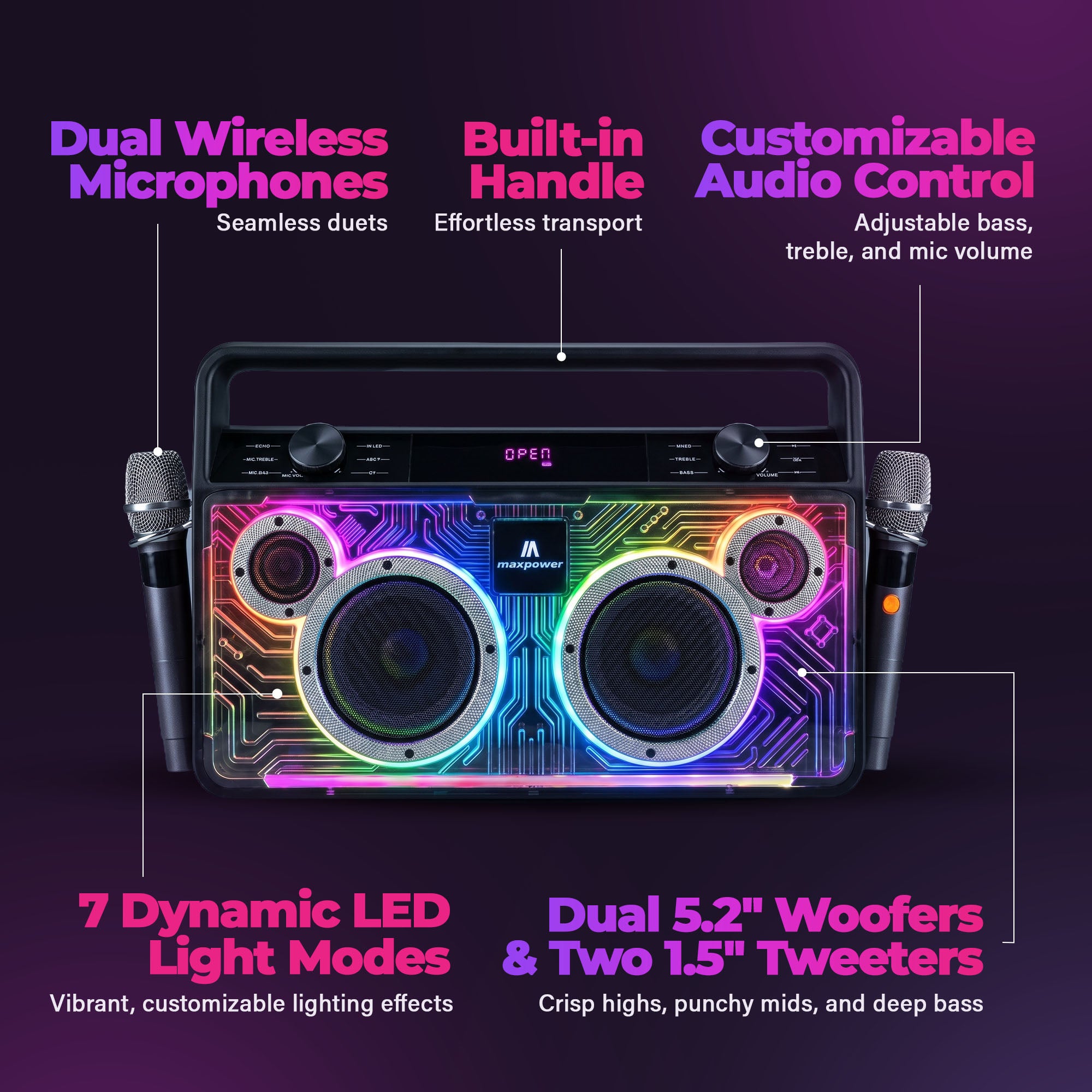 Max Power Retro Boom Portable Bluetooth Speaker with 2 Microphones & LED Lights - VMInnovations