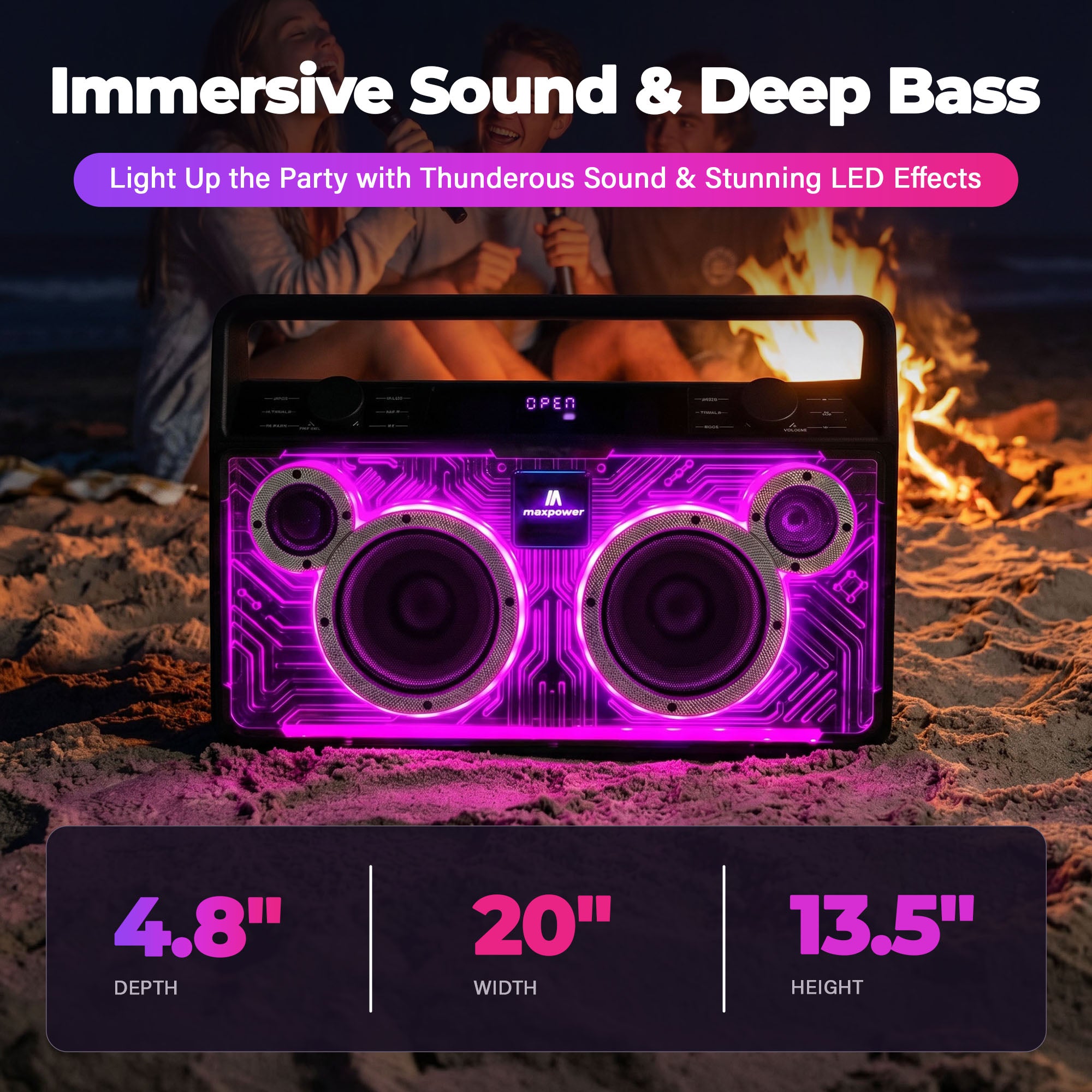 Max Power Retro Boom Portable Bluetooth Speaker with 2 Microphones & LED Lights - VMInnovations