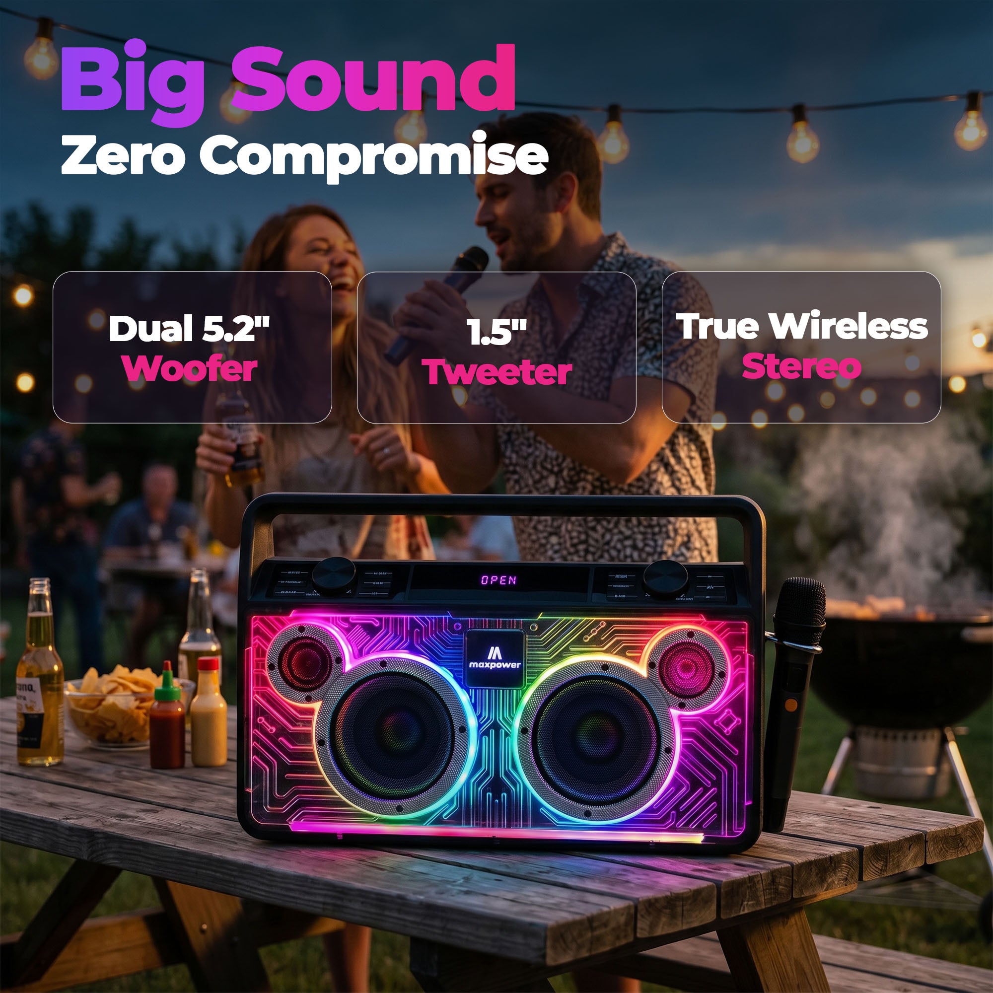 Max Power Retro Boom Portable Bluetooth Speaker with 2 Microphones & LED Lights - VMInnovations