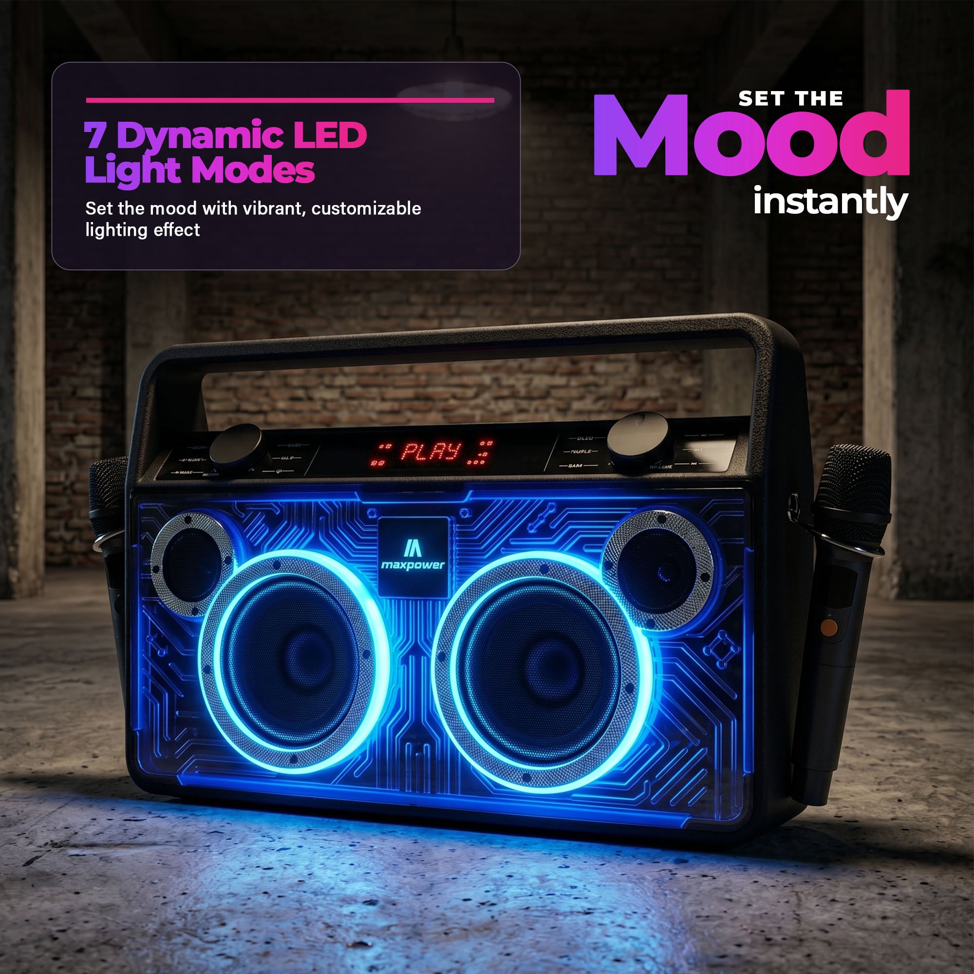 Max Power Retro Boom Portable Bluetooth Speaker with 2 Microphones & LED Lights - VMInnovations