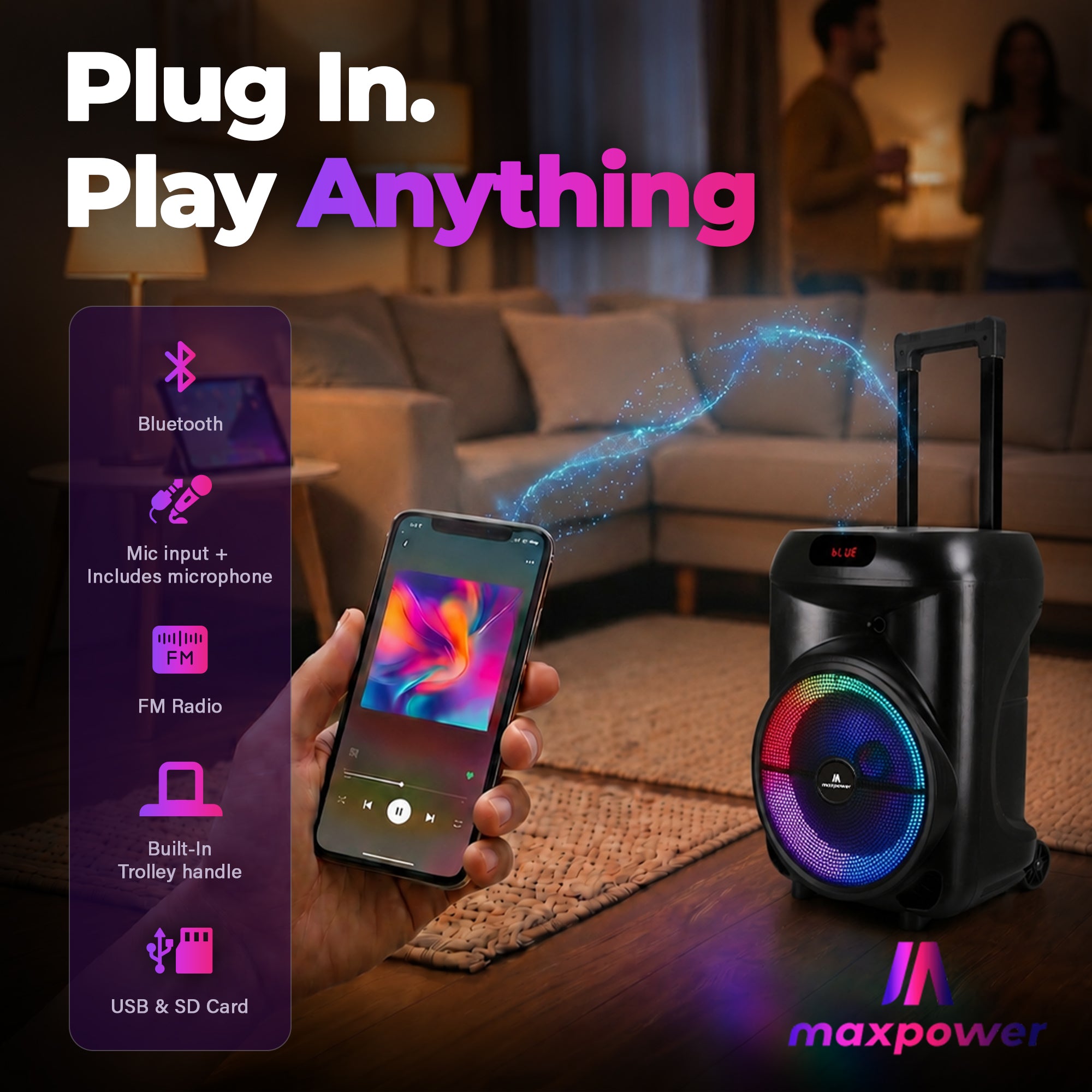 Max Power Rumble 12 Karaoke Bluetooth Trolley Speaker with Adjustable DJ Stand - VMInnovations