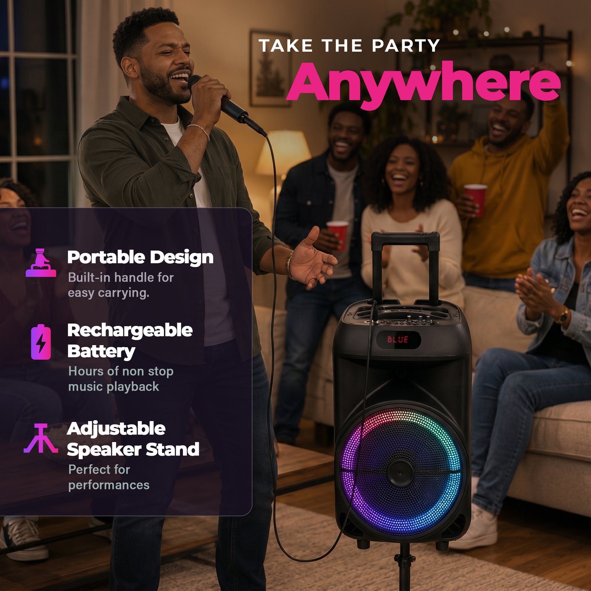 Max Power Rumble 12 Karaoke Bluetooth Trolley Speaker with Adjustable DJ Stand - VMInnovations