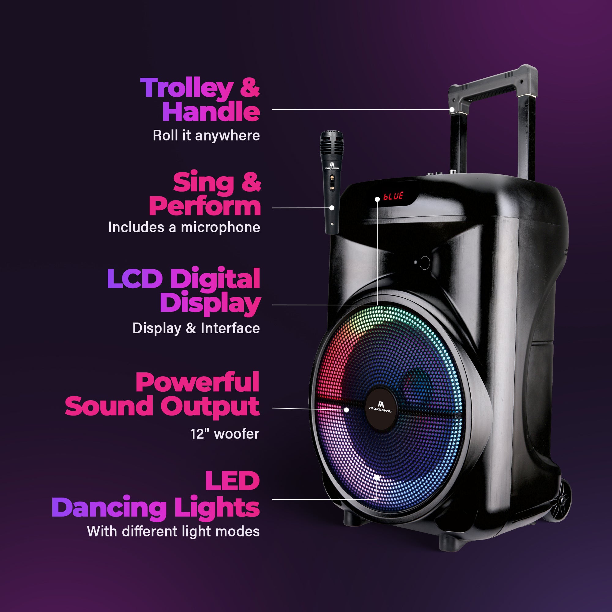 Max Power Rumble 12 Karaoke Bluetooth Trolley Speaker with Adjustable DJ Stand - VMInnovations