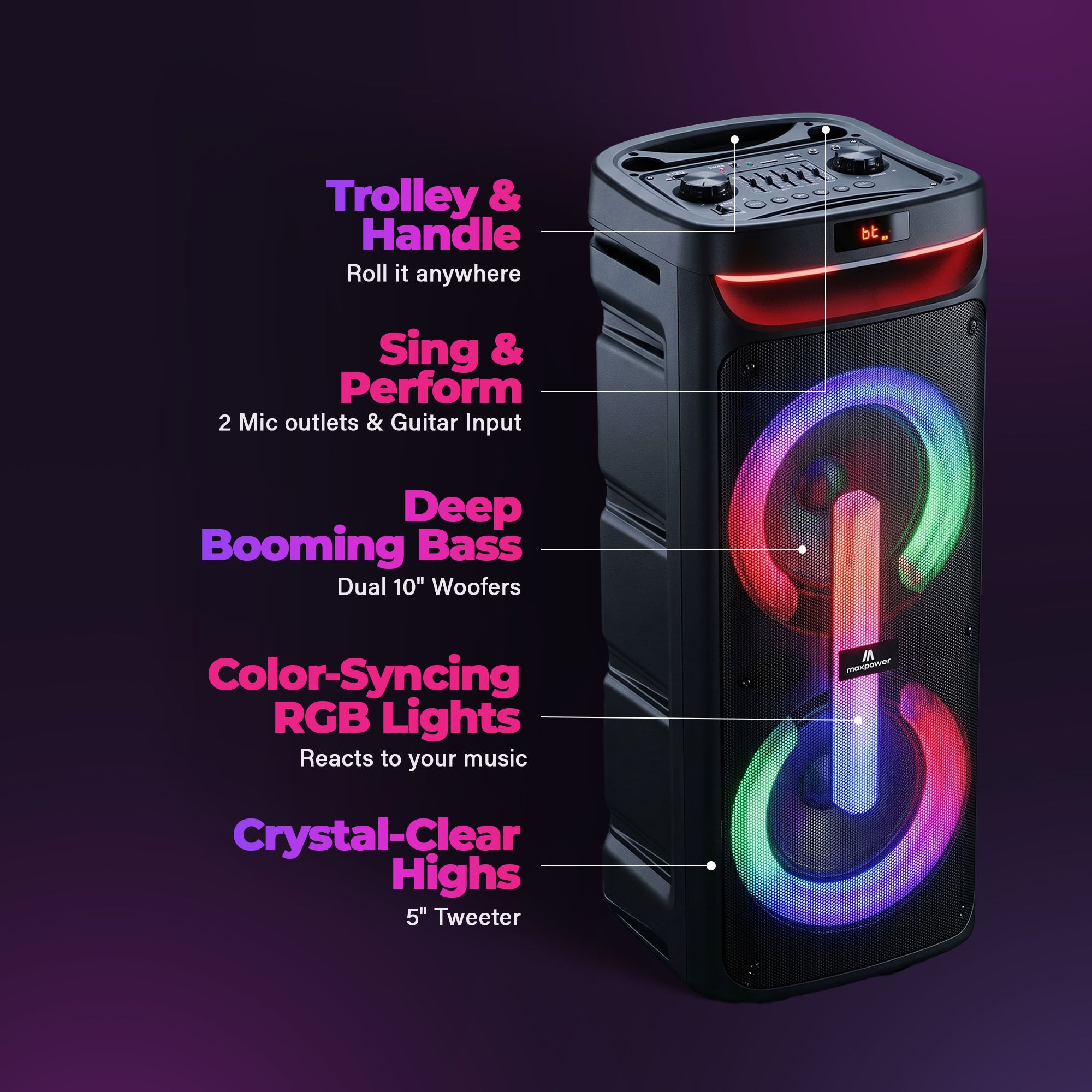Max Powe MPD1010-PARTY BOX DJ Speaker, Portable Sound System with Bluetooth - VMInnovations