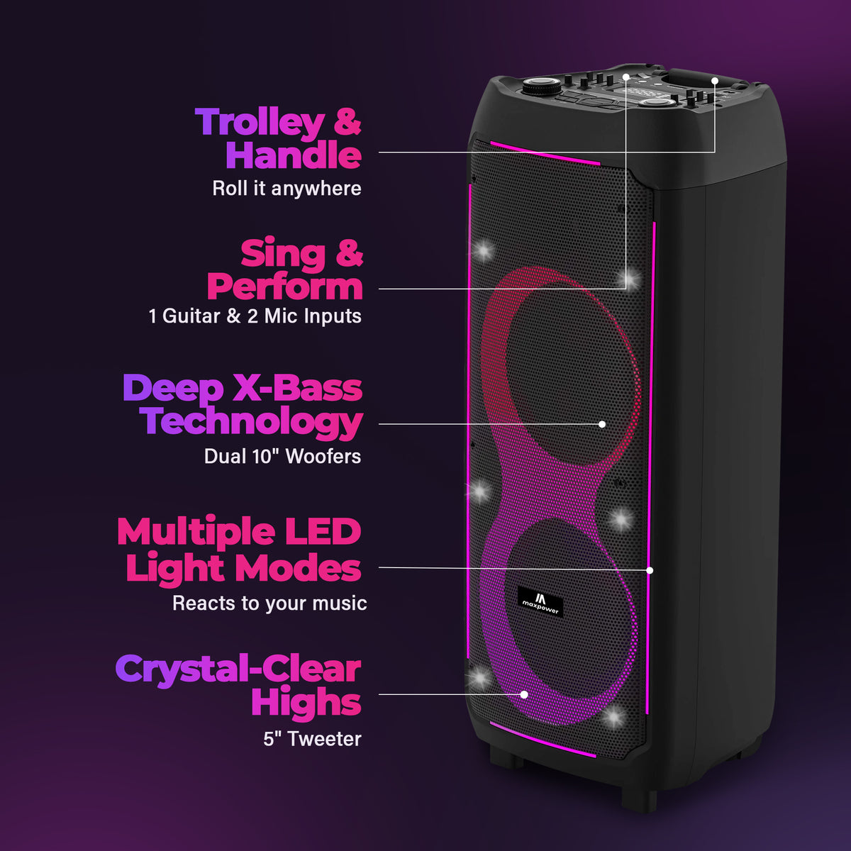Max Power Thunder X-Bass Portable Party Speaker, Dual 10-Inch Woofers, Bluetooth
