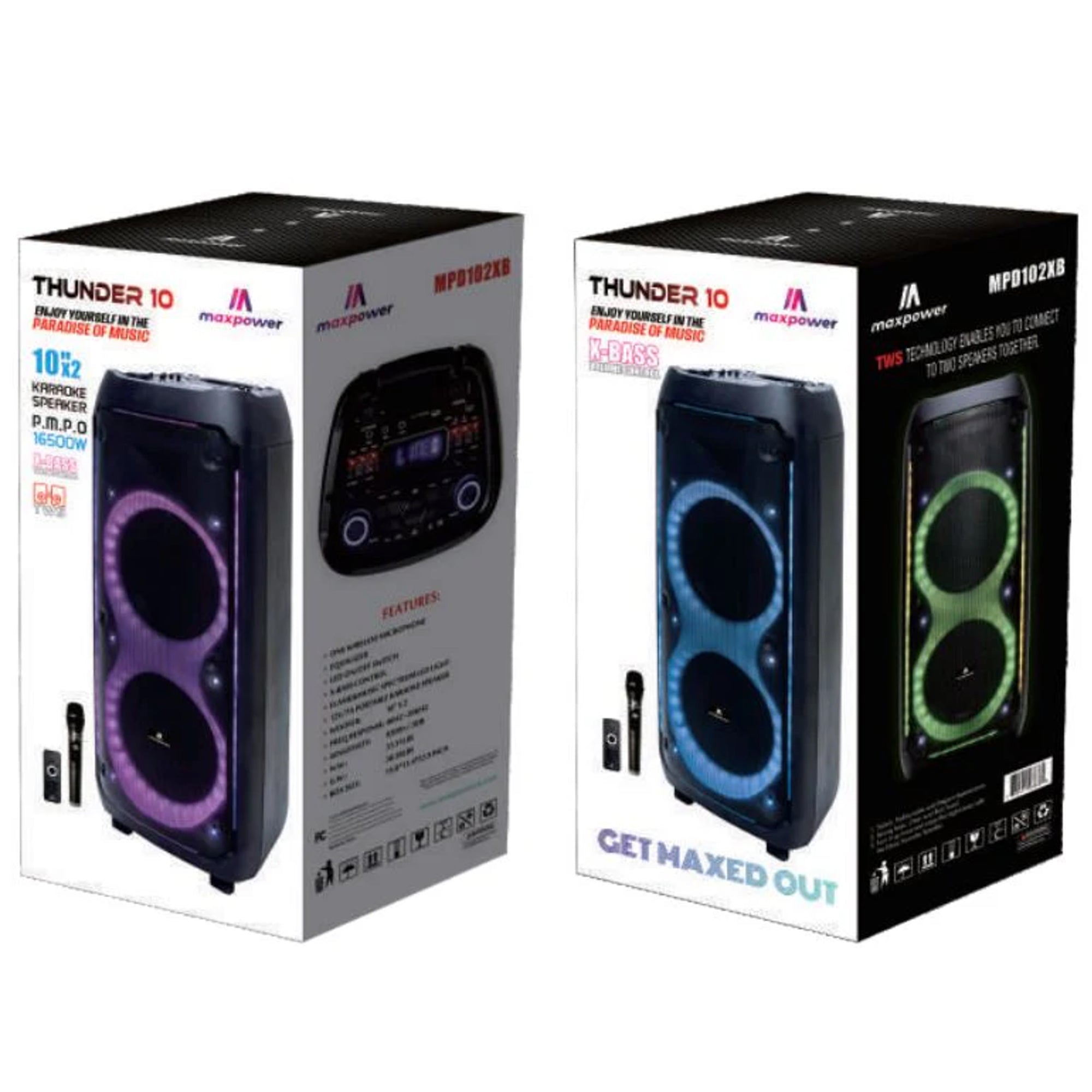 Max Power Thunder X-Bass Portable Party Speaker, Dual 10-Inch Woofers, Bluetooth - VMInnovations