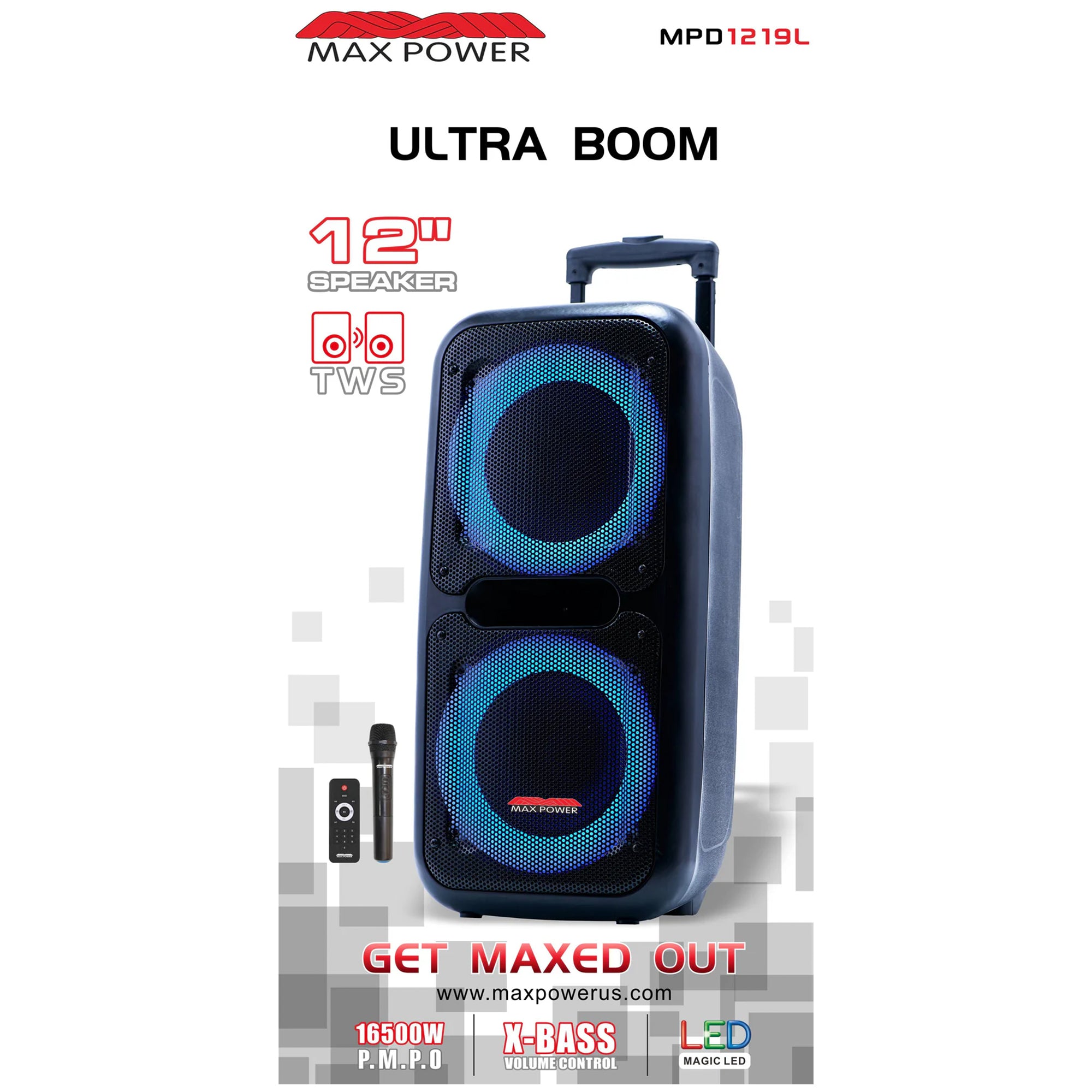 Max Power Ultra Boom X-Bass Party Speaker, Dual 12-Inch Woofers w/ Wireless Mic - VMInnovations