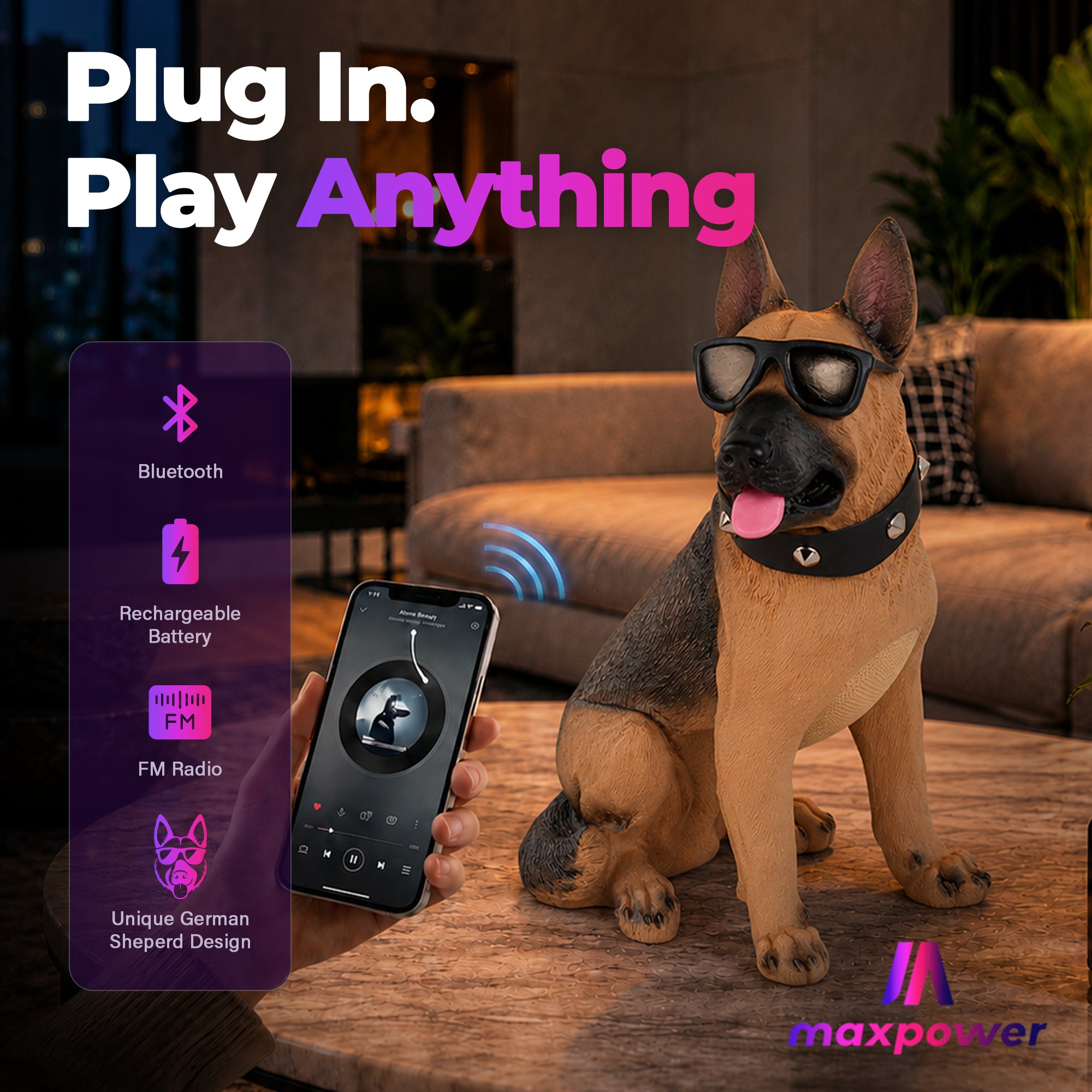 Max Power German Shepherd Bluetooth 5.3 Speaker, Wireless Novelty Dog Stereo - VMInnovations