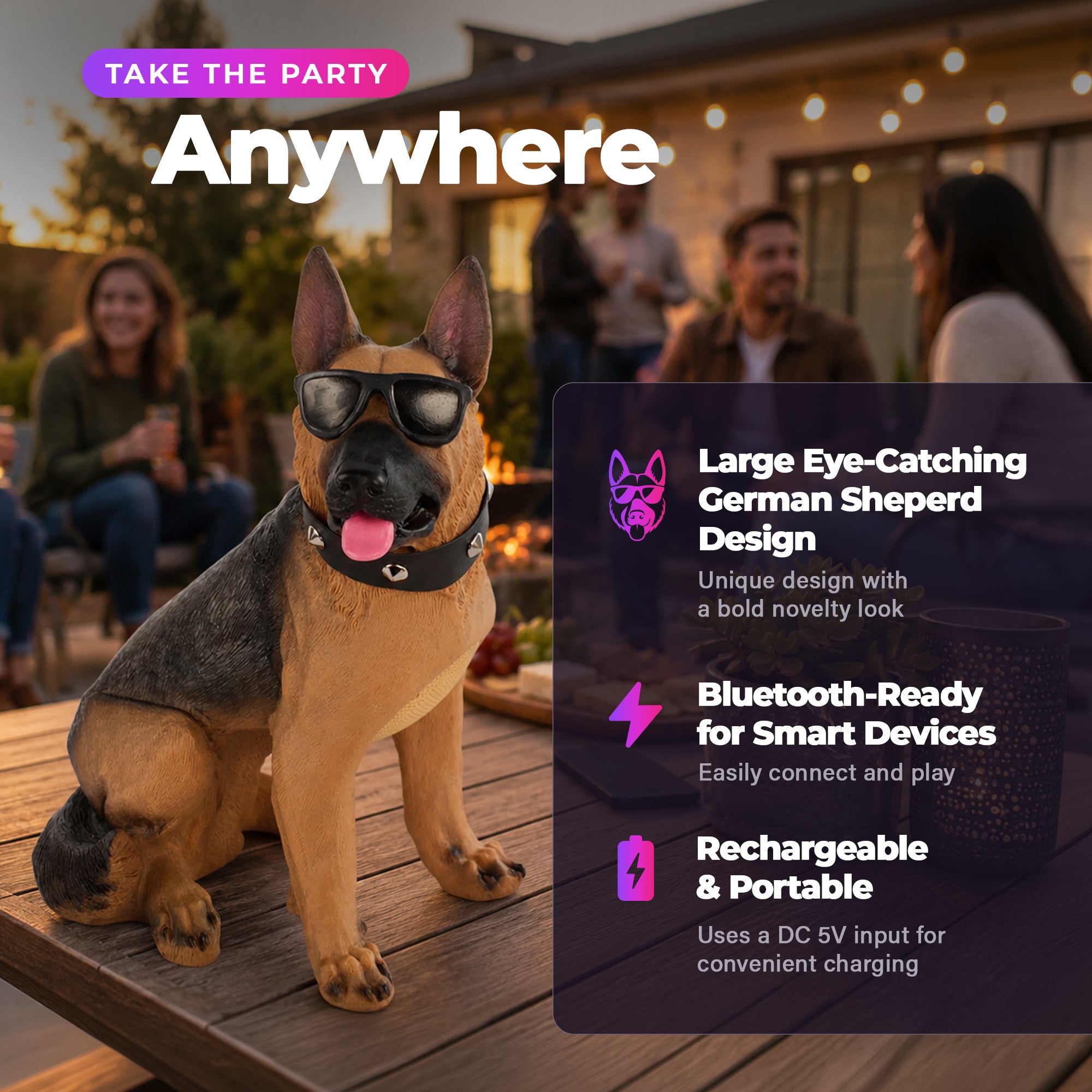 Max Power German Shepherd Bluetooth 5.3 Speaker, Wireless Novelty Dog Stereo - VMInnovations