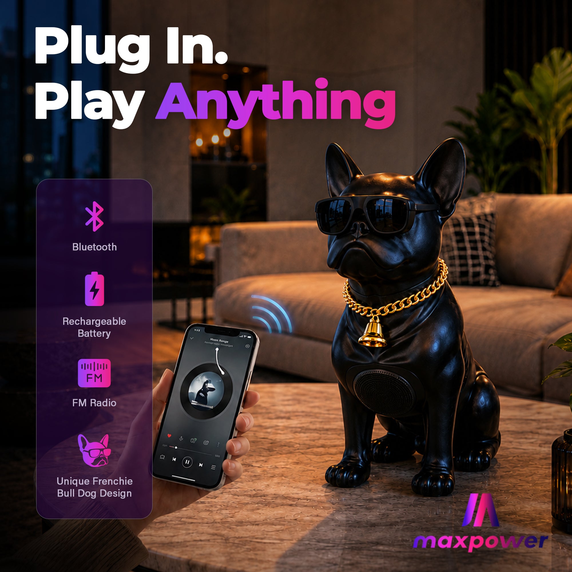 Max Power Bulldog Bluetooth Speaker, Large Wireless Novelty Party Stereo, Black - VMInnovations
