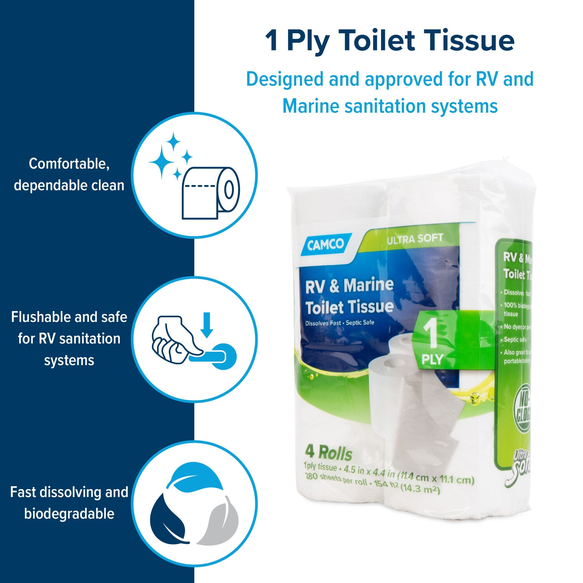 Camco 1-Ply Toilet Paper, 96 Rolls, 280 Flushable Biodegradable Tissue Sheets