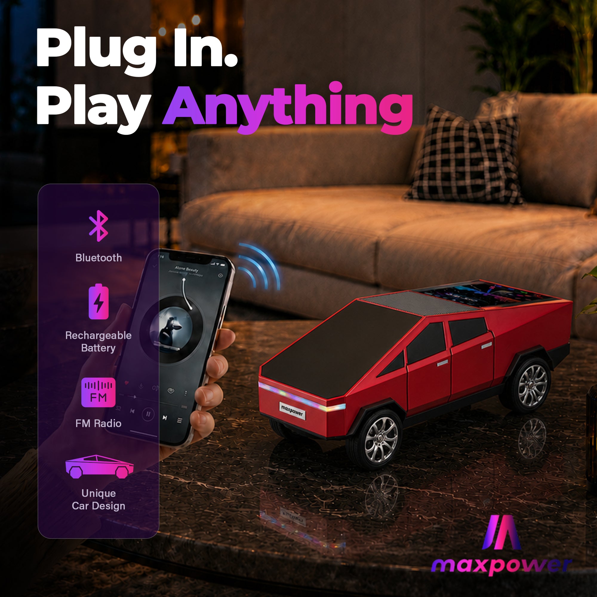 Max Power Cybertruck Wireless Bluetooth Speaker with Front LED Lights, Red - VMInnovations
