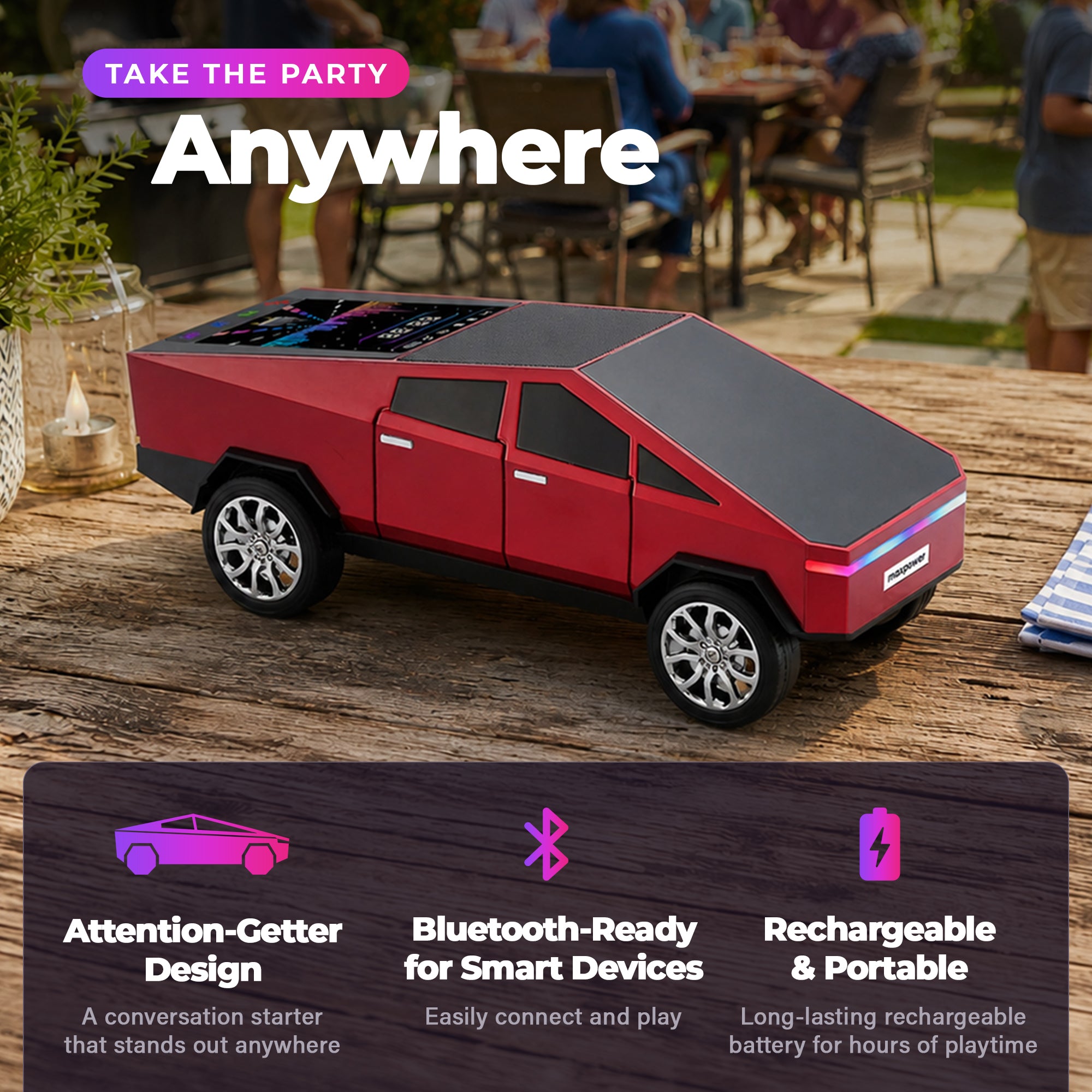 Max Power Cybertruck Wireless Bluetooth Speaker with Front LED Lights, Red - VMInnovations