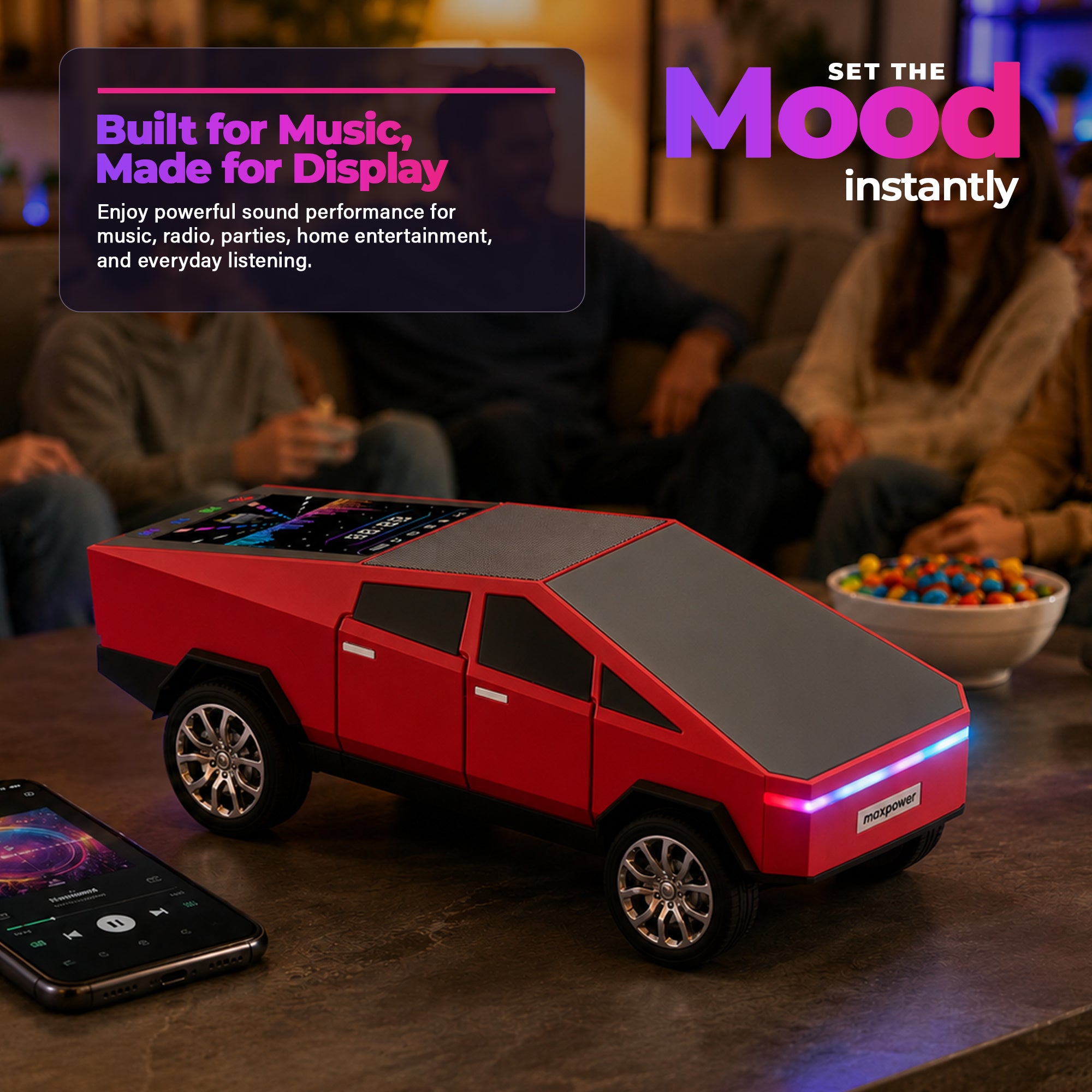 Max Power Cybertruck Wireless Bluetooth Speaker with Front LED Lights, Red - VMInnovations