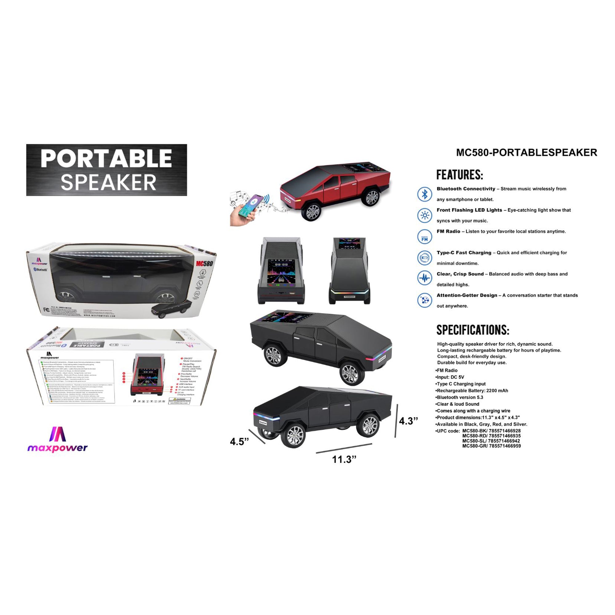 Max Power Cybertruck Wireless Bluetooth Speaker with Front LED Lights, Black - VMInnovations