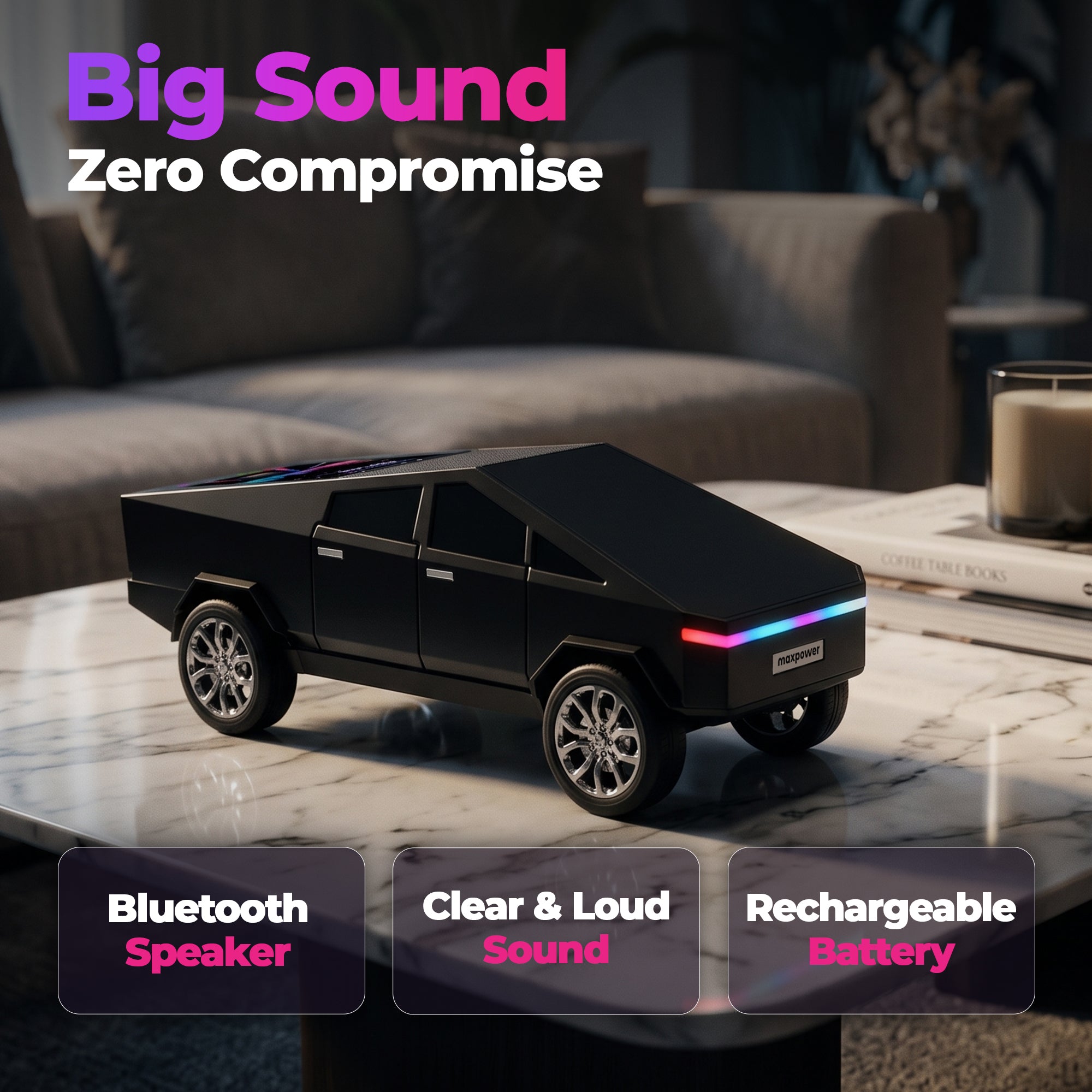 Max Power Cybertruck Wireless Bluetooth Speaker with Front LED Lights, Black - VMInnovations