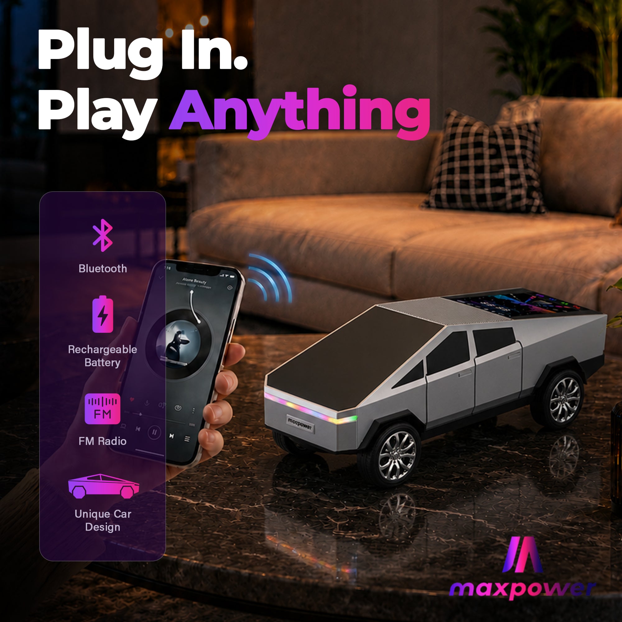Max Power Cybertruck Wireless Bluetooth Speaker with Front LED Lights, Silver - VMInnovations