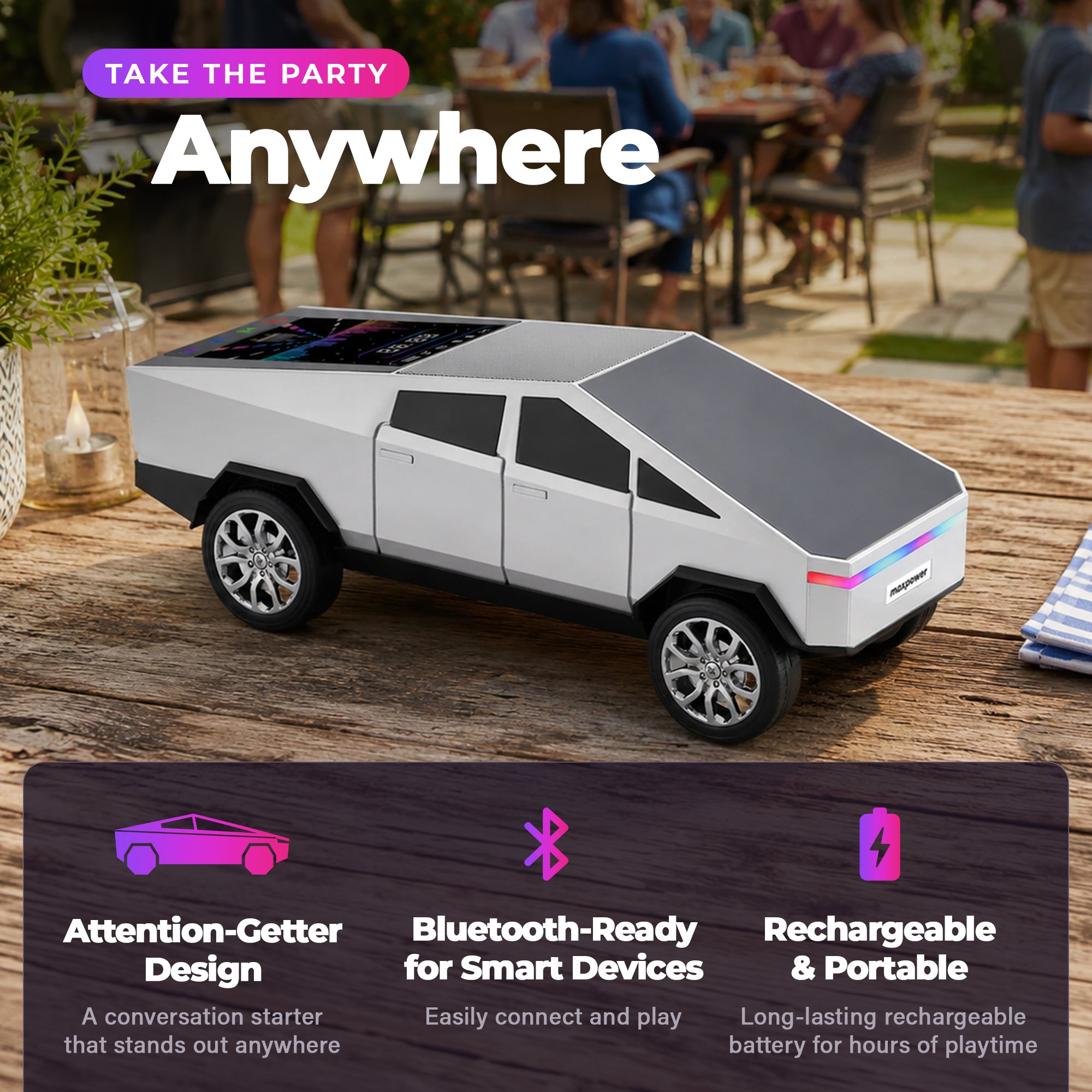 Max Power Cybertruck Wireless Bluetooth Speaker with Front LED Lights, Silver - VMInnovations