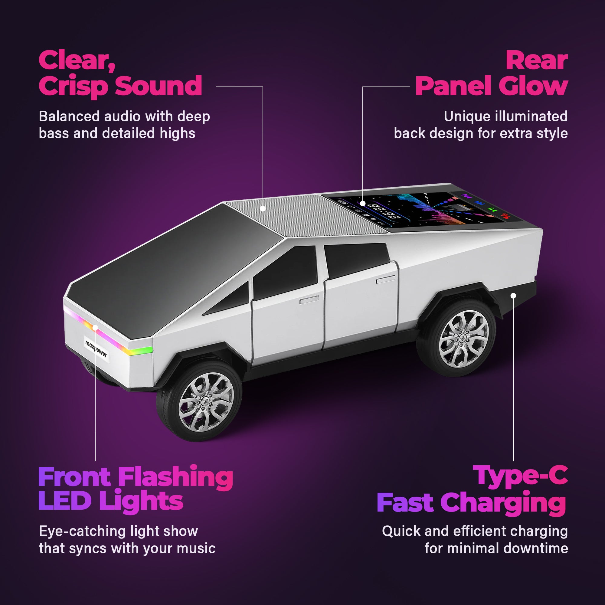 Max Power Cybertruck Wireless Bluetooth Speaker with Front LED Lights, Silver - VMInnovations