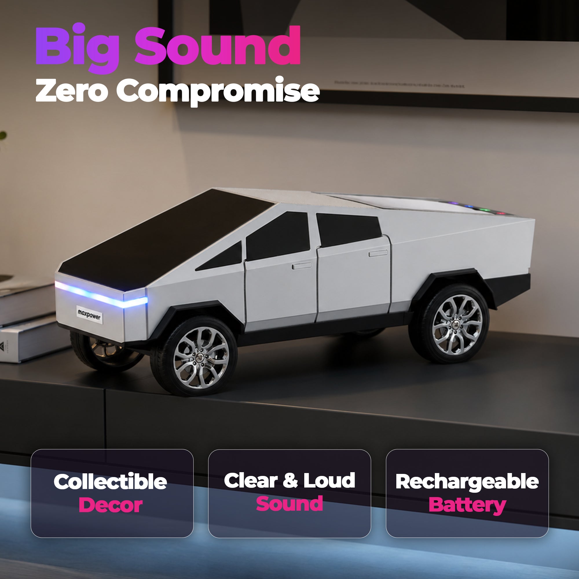 Max Power Cybertruck Wireless Bluetooth Speaker with Front LED Lights, Silver - VMInnovations