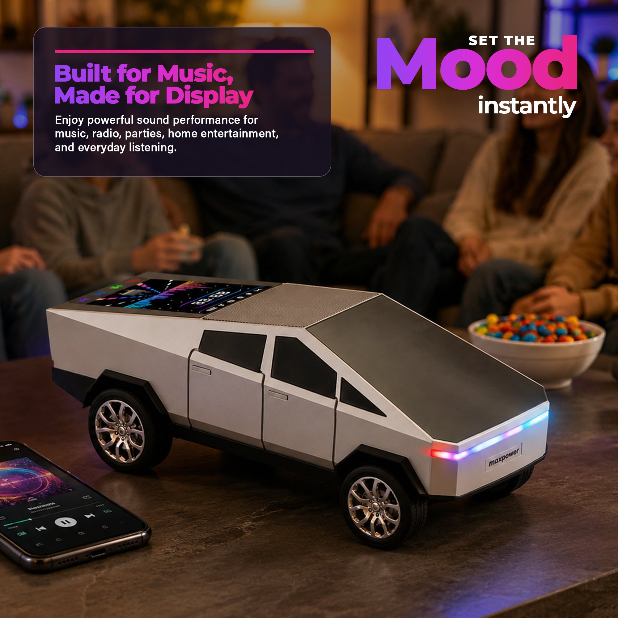 Max Power Cybertruck Wireless Bluetooth Speaker with Front LED Lights, Silver - VMInnovations