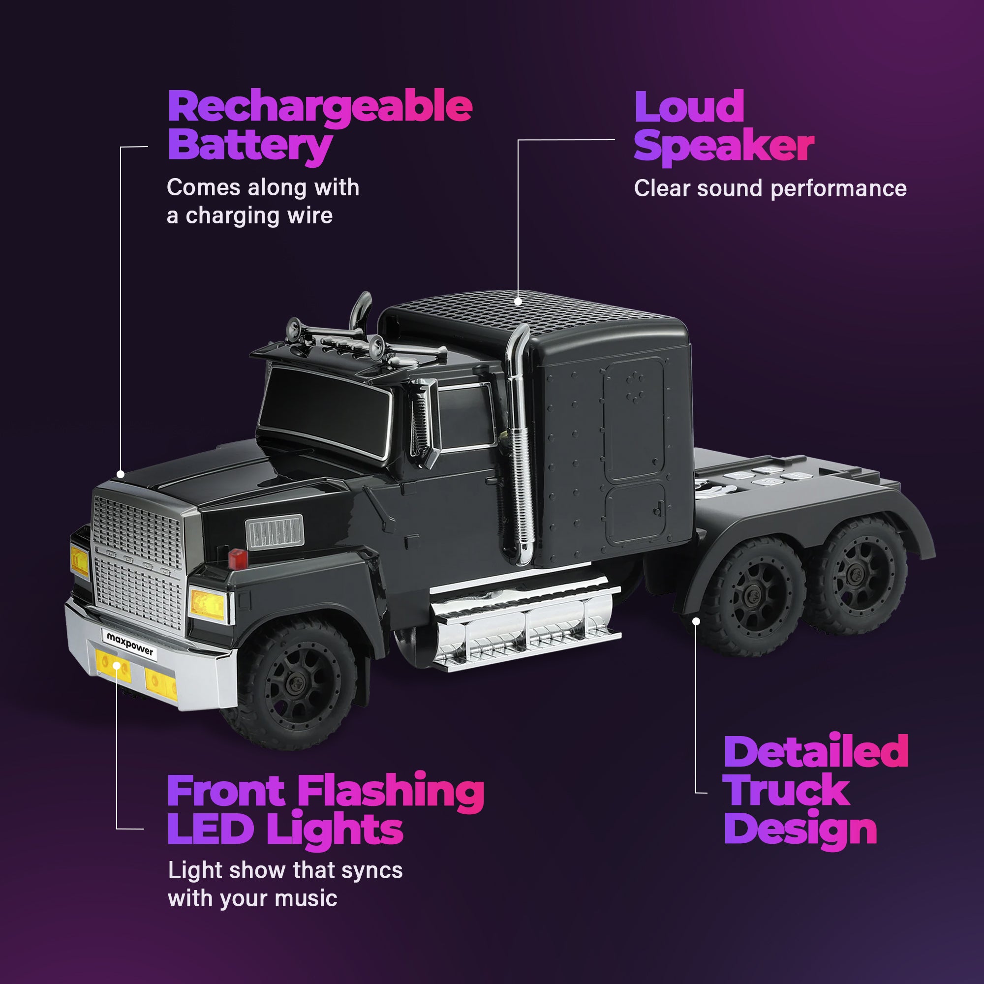 Max Power Semi Truck Bluetooth Speaker, Wireless Big Rig Vehicle Stereo, Black - VMInnovations