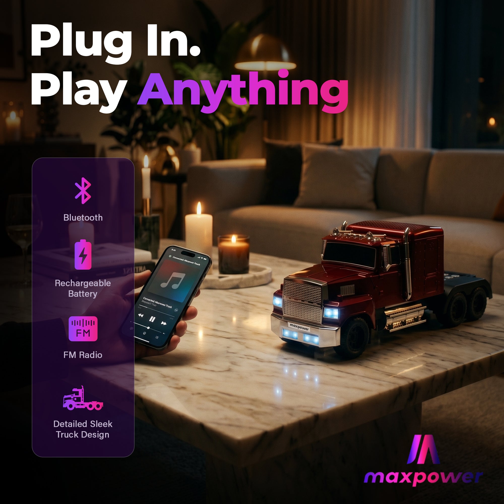 Max Power Semi Truck Bluetooth Speaker, Wireless Big Rig Vehicle Stereo, Red - VMInnovations