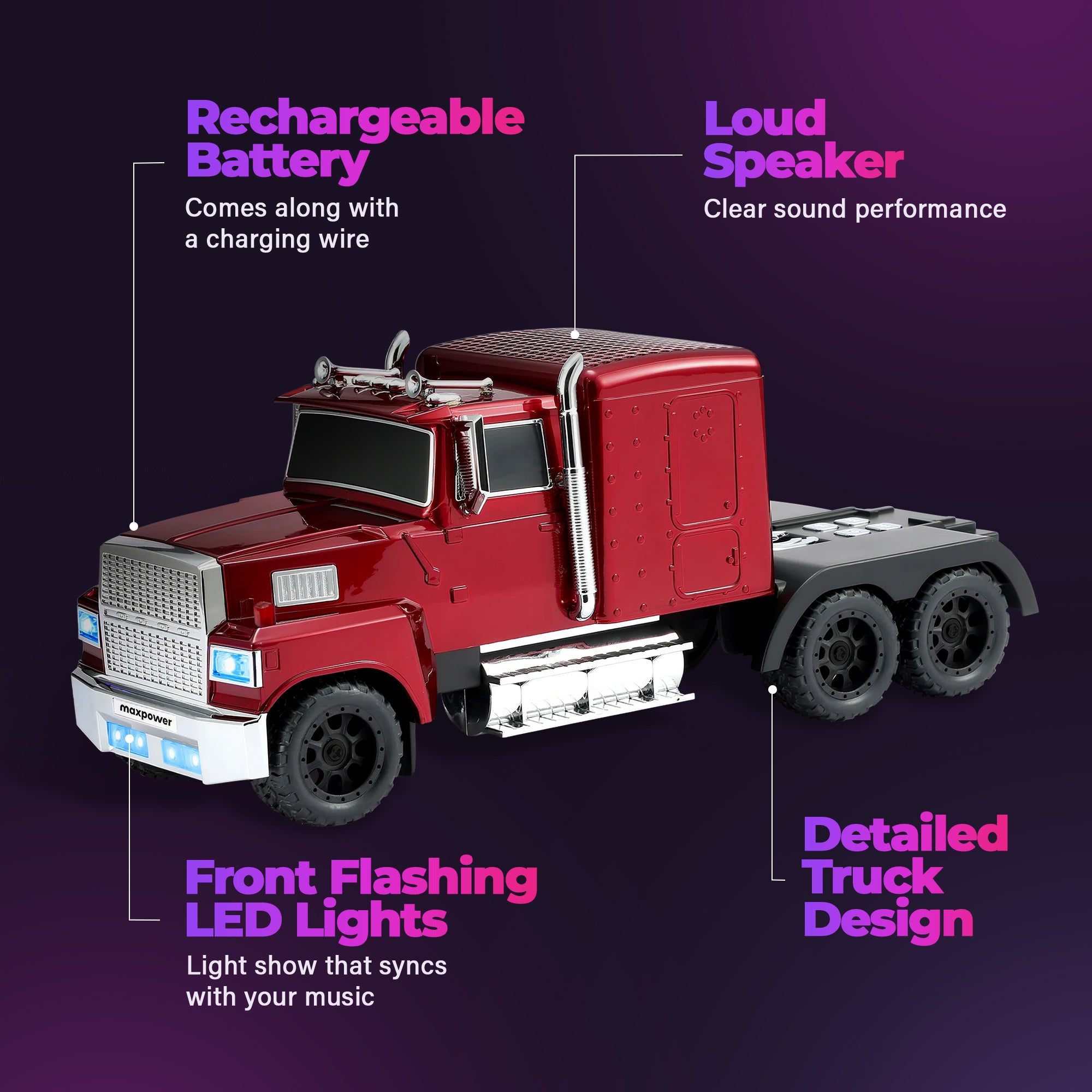 Max Power Semi Truck Bluetooth Speaker, Wireless Big Rig Vehicle Stereo, Red - VMInnovations