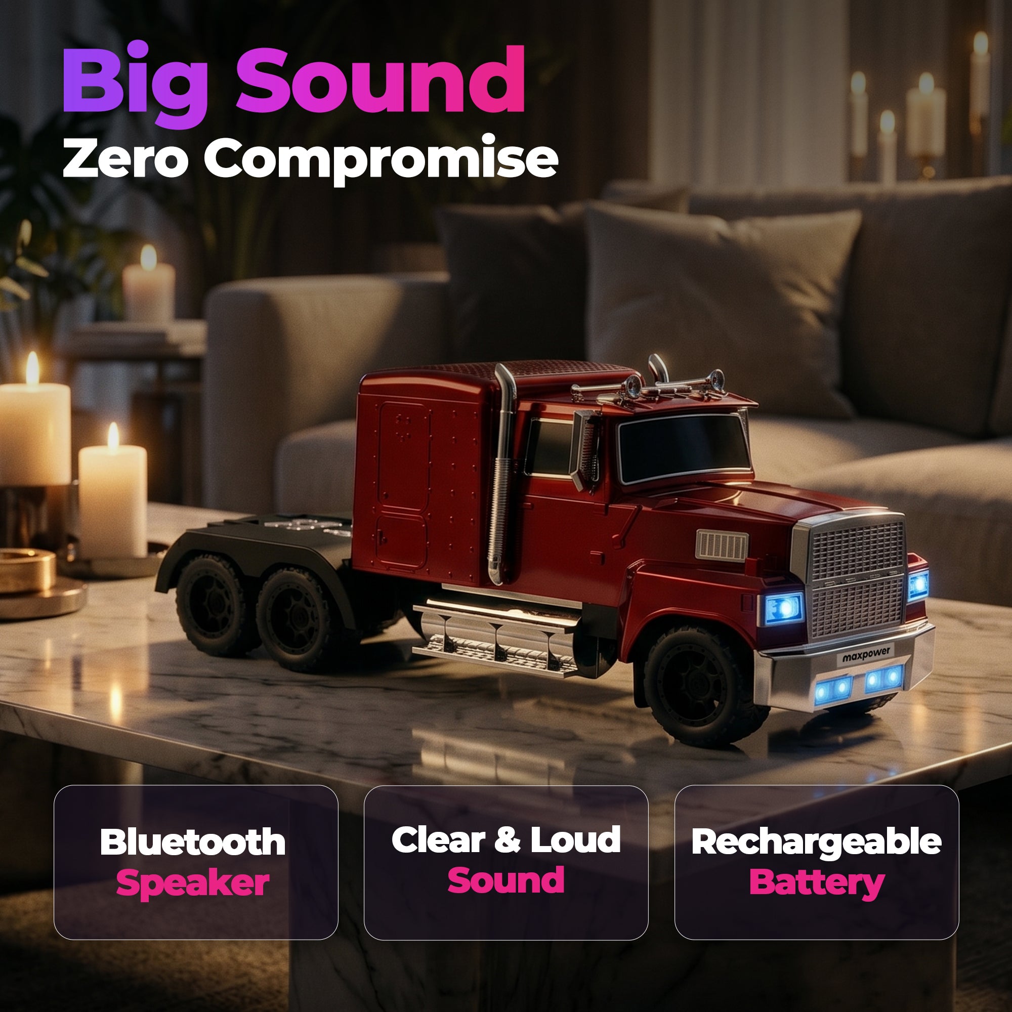 Max Power Semi Truck Bluetooth Speaker, Wireless Big Rig Vehicle Stereo, Red - VMInnovations