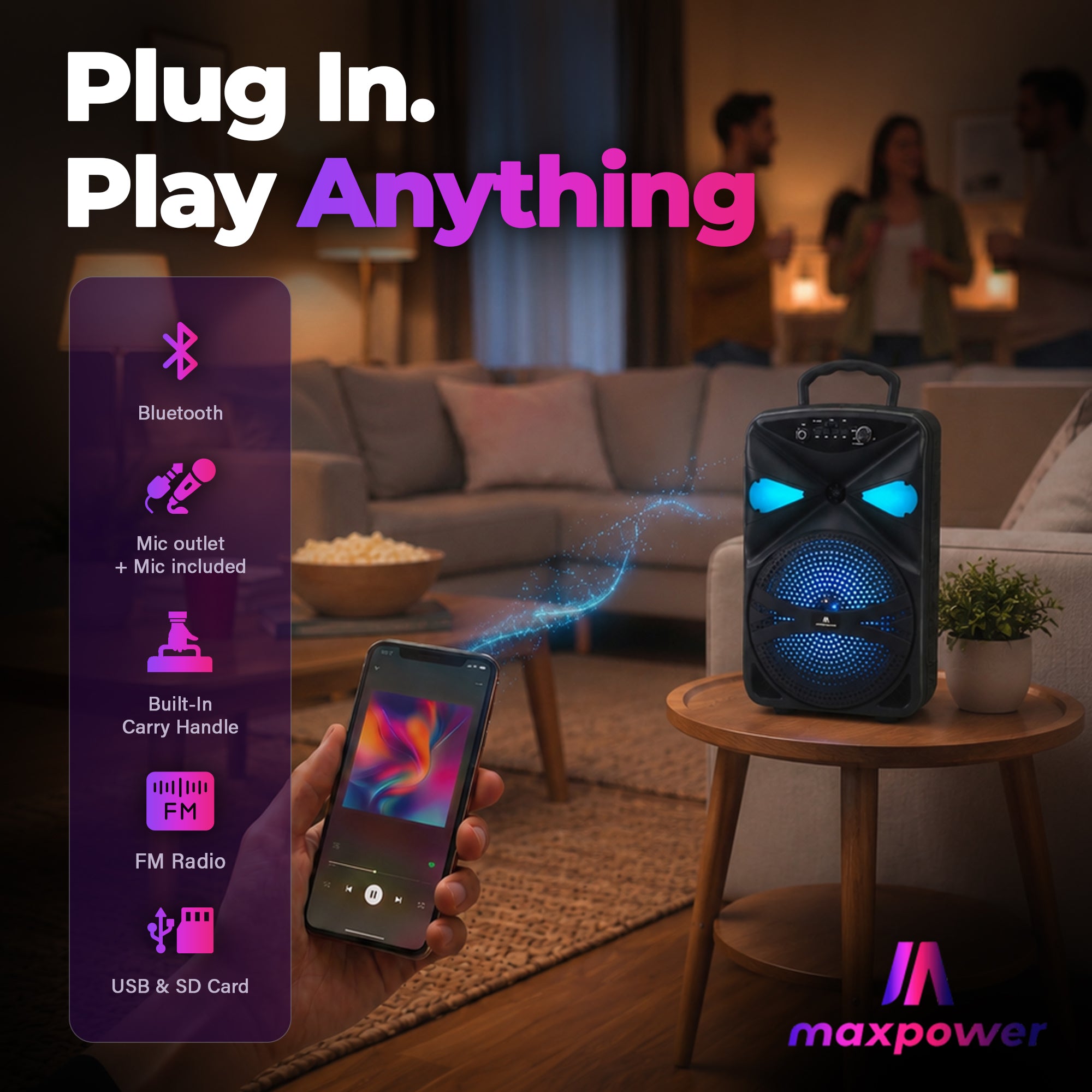 Max Power MPD827 Karaoke Bluetooth Speaker with 8" Woofer, Mic and Carry Handle - VMInnovations