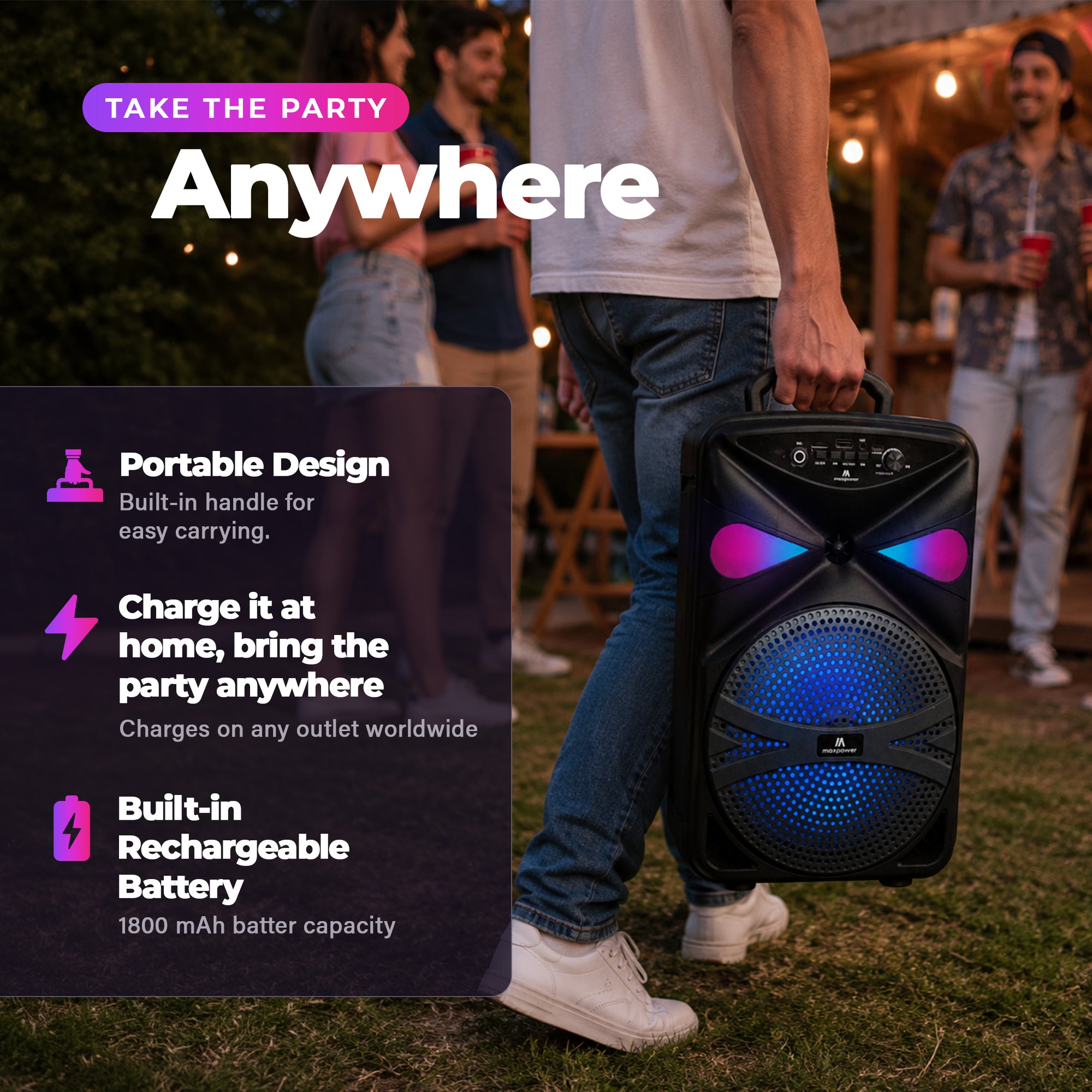 Max Power MPD827 Karaoke Bluetooth Speaker with 8" Woofer, Mic and Carry Handle - VMInnovations