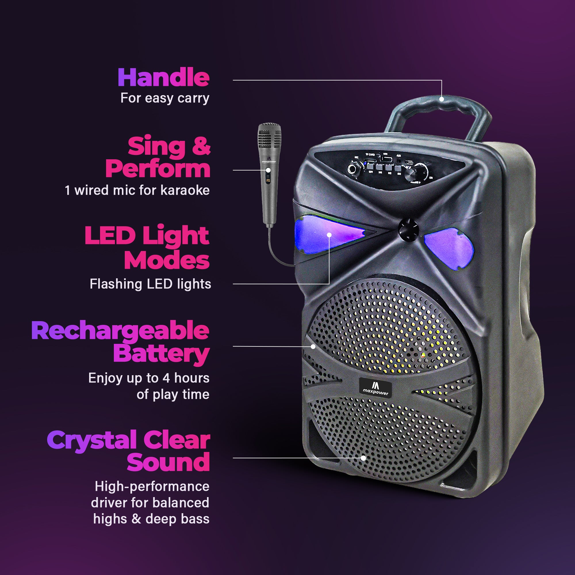 Max Power MPD827 Karaoke Bluetooth Speaker with 8" Woofer, Mic and Carry Handle - VMInnovations