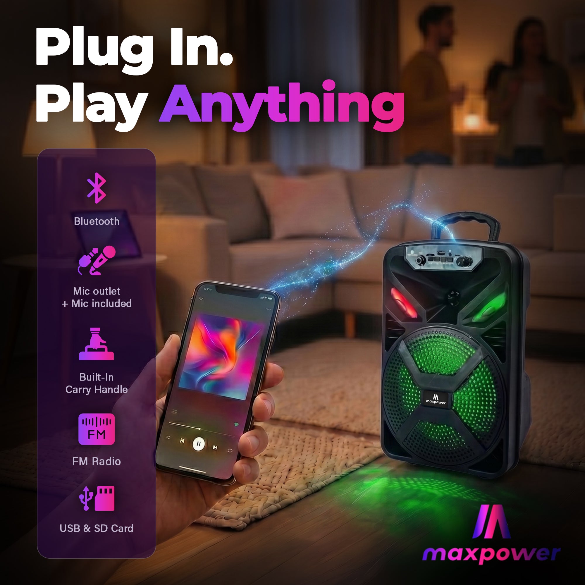 Max Power MPD829 Karaoke Bluetooth Speaker with 8" Woofer, Mic and Carry Handle - VMInnovations