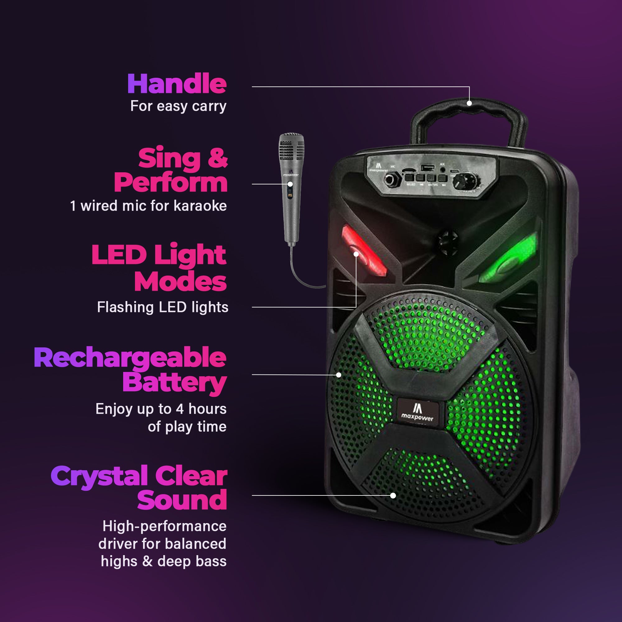 Max Power MPD829 Karaoke Bluetooth Speaker with 8" Woofer, Mic and Carry Handle - VMInnovations