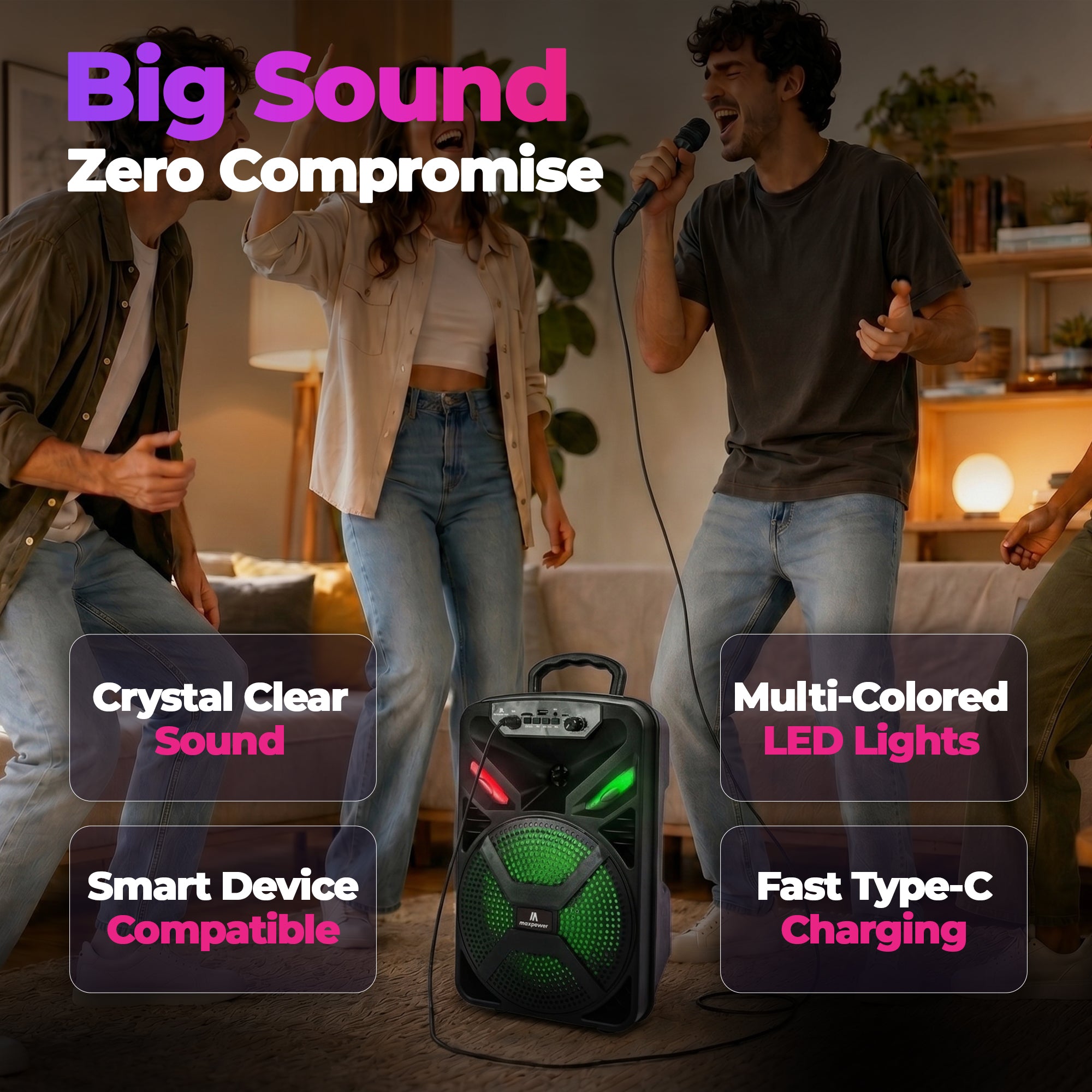 Max Power MPD829 Karaoke Bluetooth Speaker with 8" Woofer, Mic and Carry Handle - VMInnovations