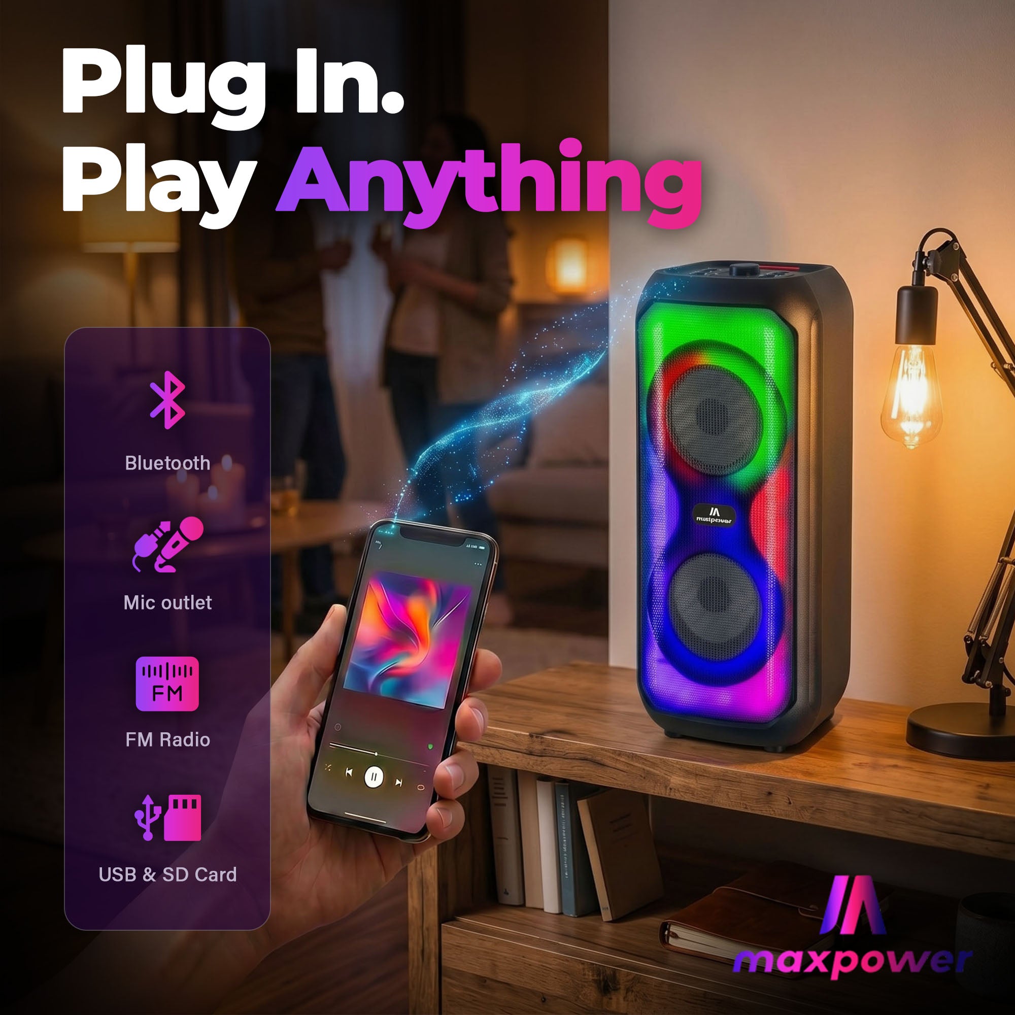 Max Power MPD426 Aura 4" Bluetooth Karaoke Speaker with LEDs & Microphone, Black - VMInnovations