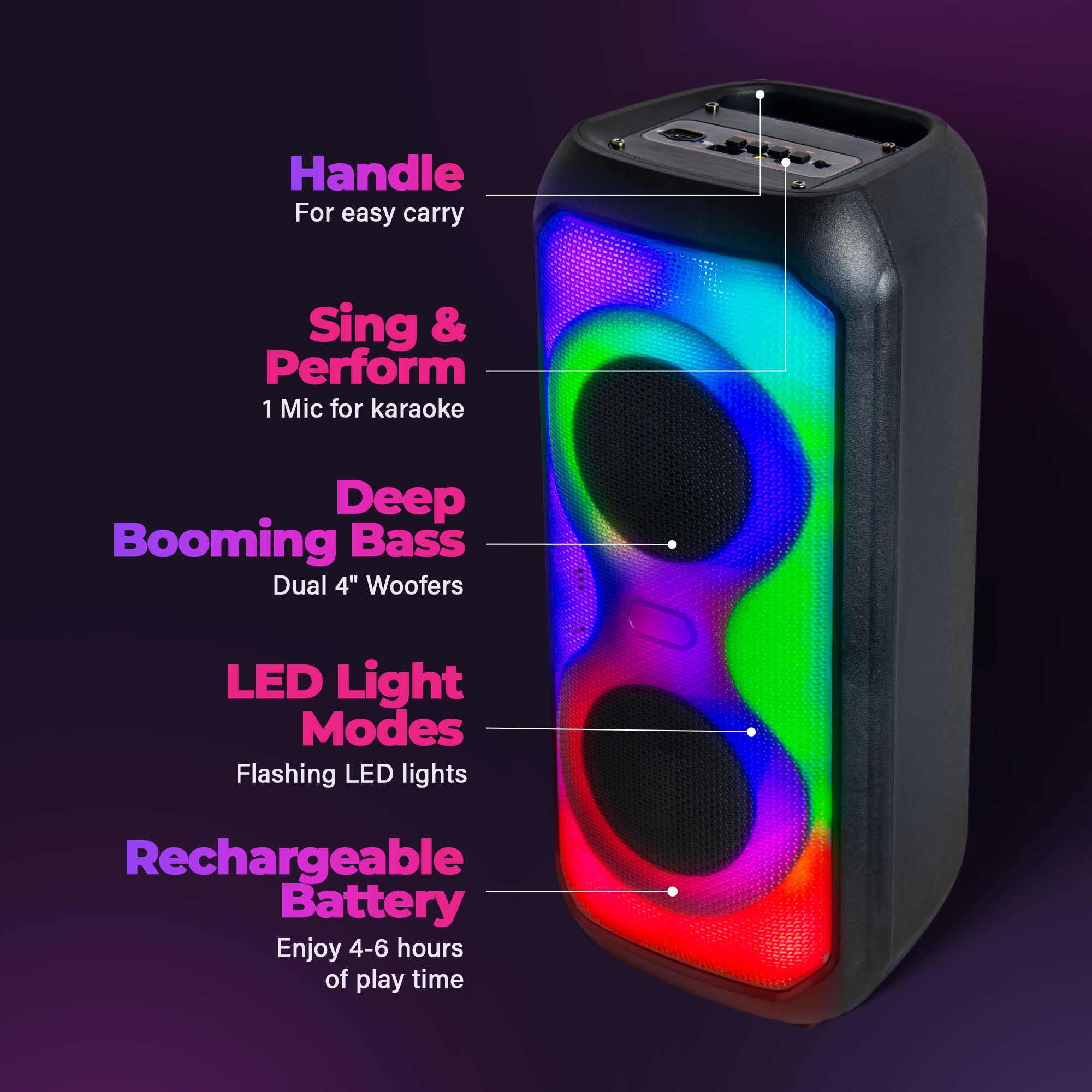 Max Power MPD426 Aura 4" Bluetooth Karaoke Speaker with LEDs & Microphone, Black - VMInnovations