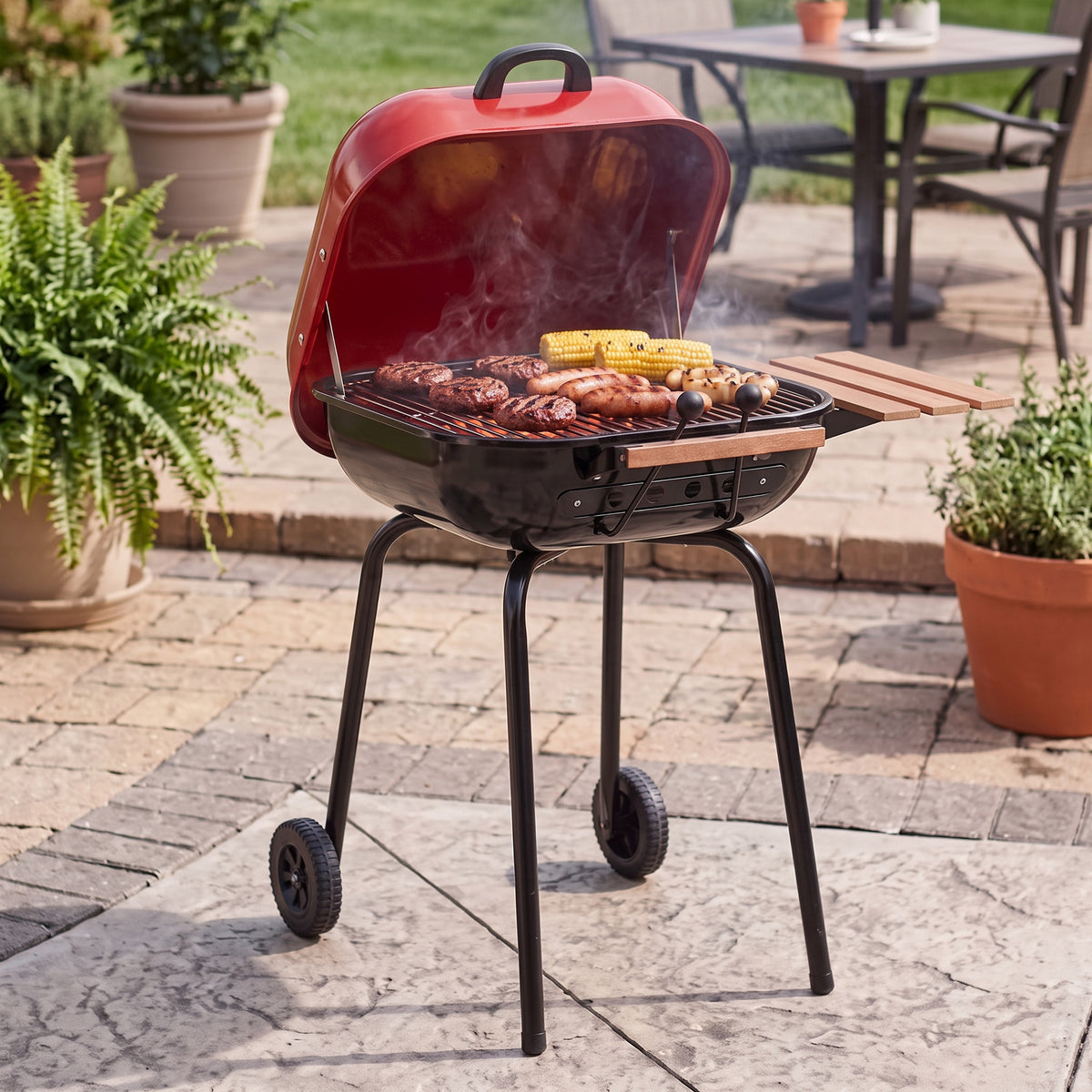 Americana The Swinger Portable Charcoal BBQ Grill with One Side Table, Red - VMInnovations