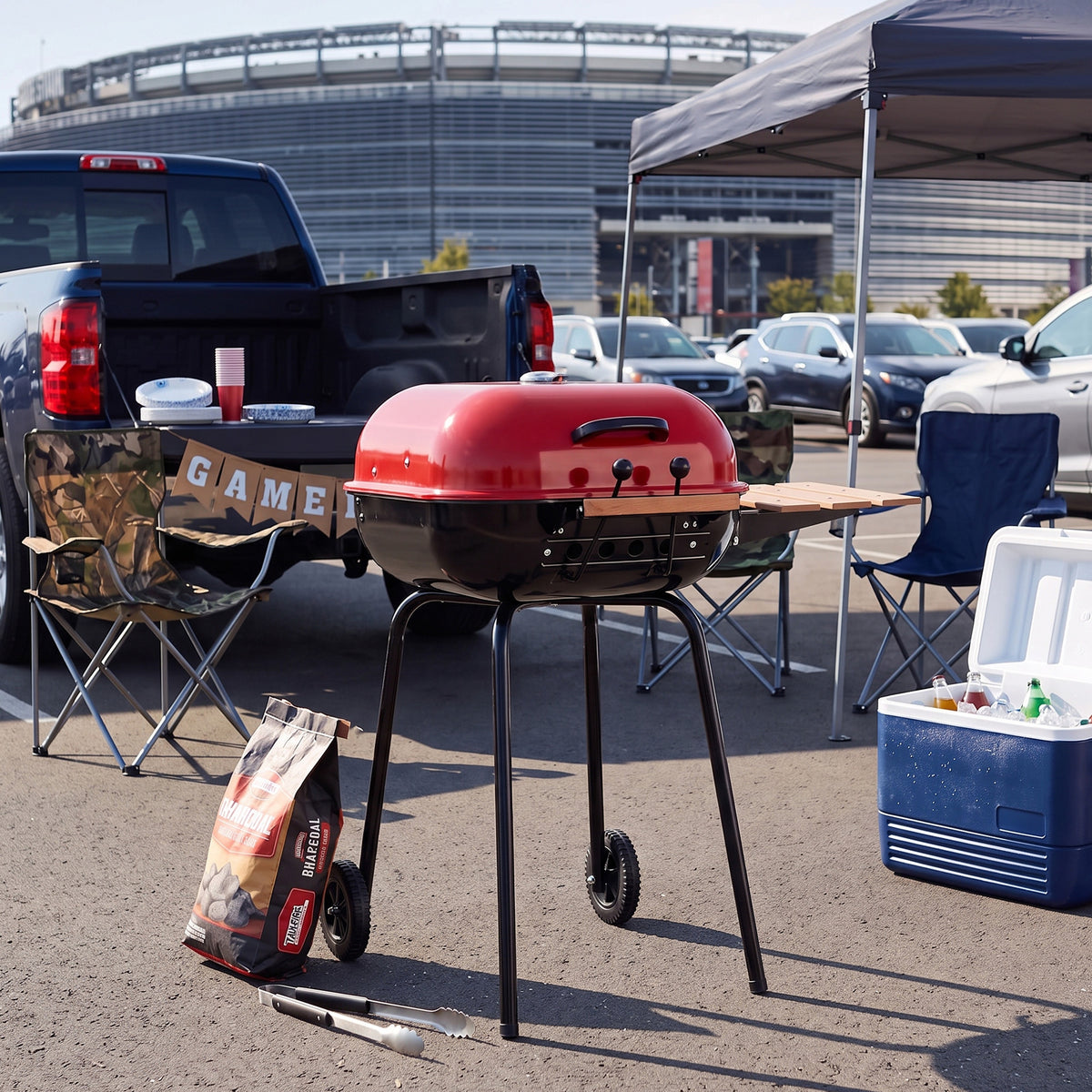 Americana The Swinger Portable Charcoal BBQ Grill with One Side Table, Red - VMInnovations