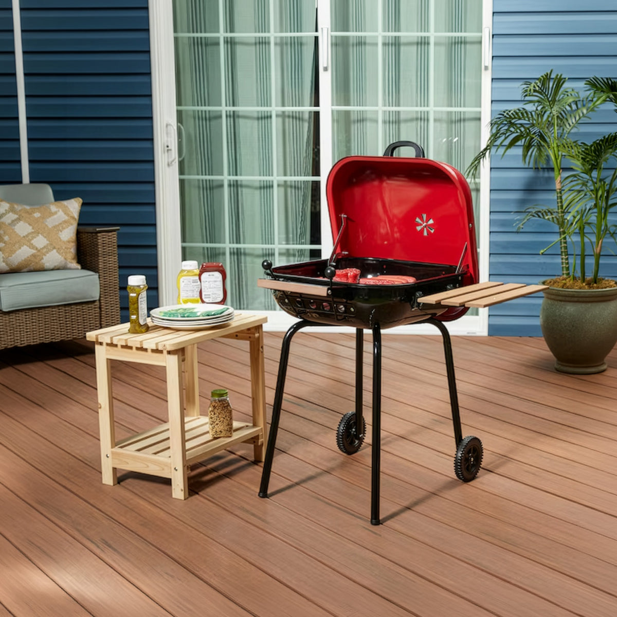 Americana The Swinger Portable Charcoal BBQ Grill with One Side Table, Red - VMInnovations