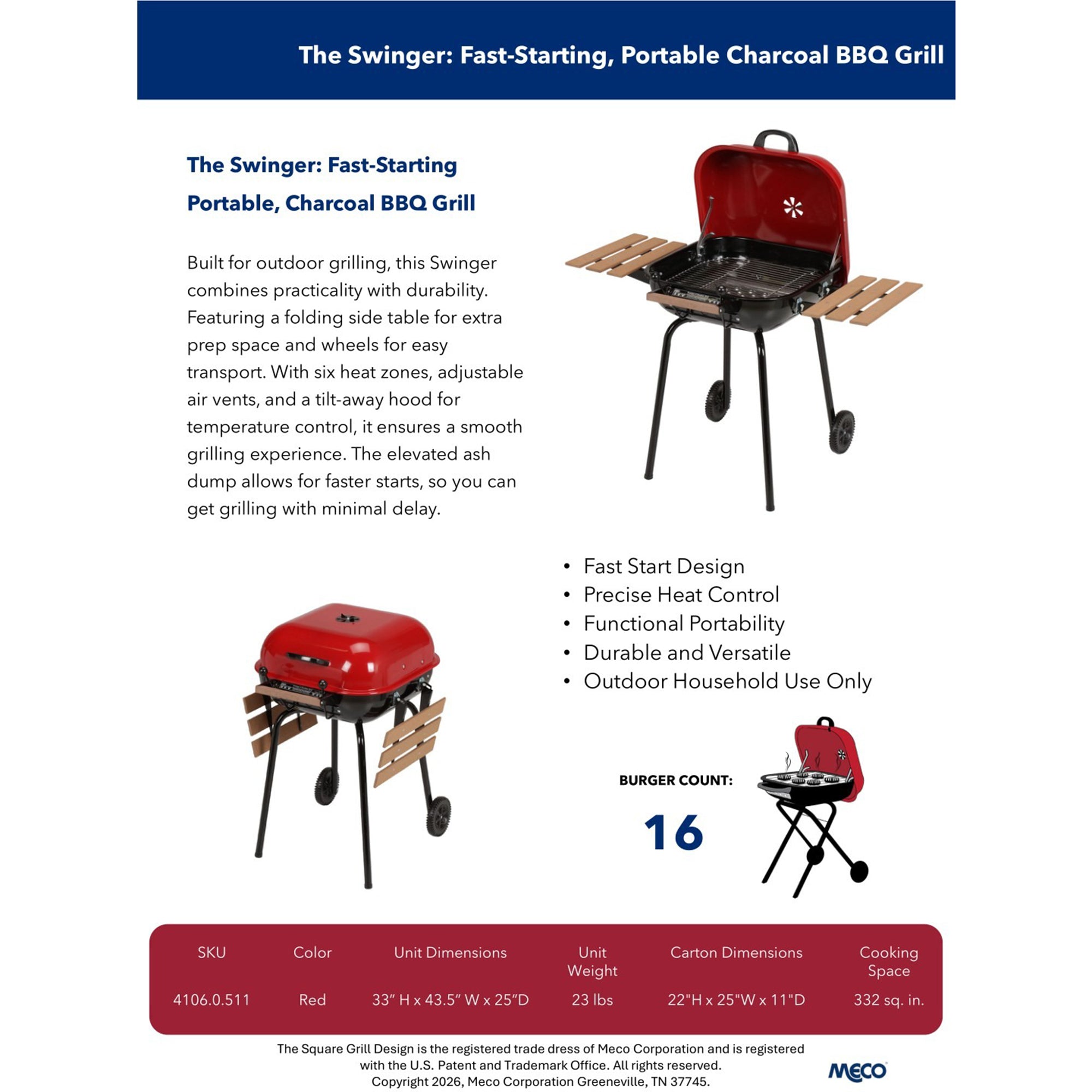 Americana The Swinger Portable Charcoal BBQ Grill with Two Side Tables, Red
