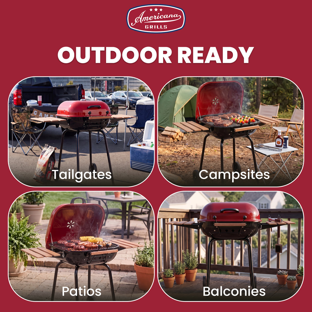 Americana The Swinger Portable Charcoal BBQ Grill with Two Side Tables, Red - VMInnovations
