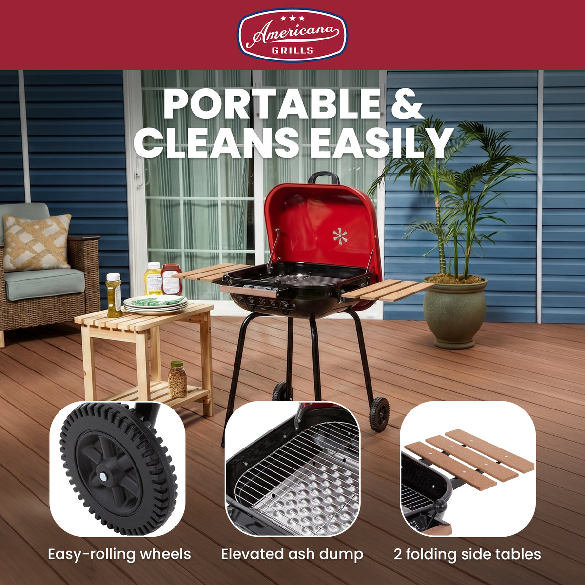Americana The Swinger Portable Charcoal BBQ Grill with Two Side Tables, Red - VMInnovations