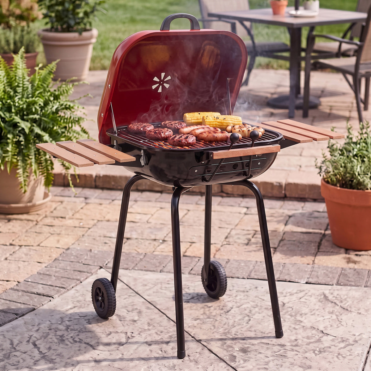 Americana The Swinger Portable Charcoal BBQ Grill with Two Side Tables, Red - VMInnovations