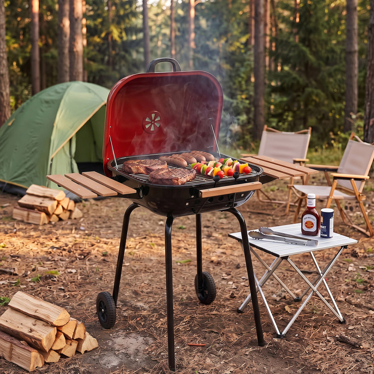 Americana The Swinger Portable Charcoal BBQ Grill with Two Side Tables, Red - VMInnovations