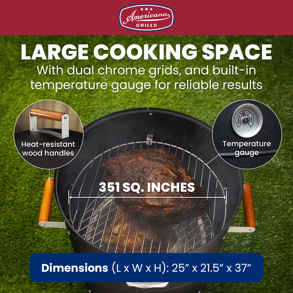 Americana Charcoal Water Smoker, Vertical Outdoor BBQ, 351 sq in, Black - VMInnovations