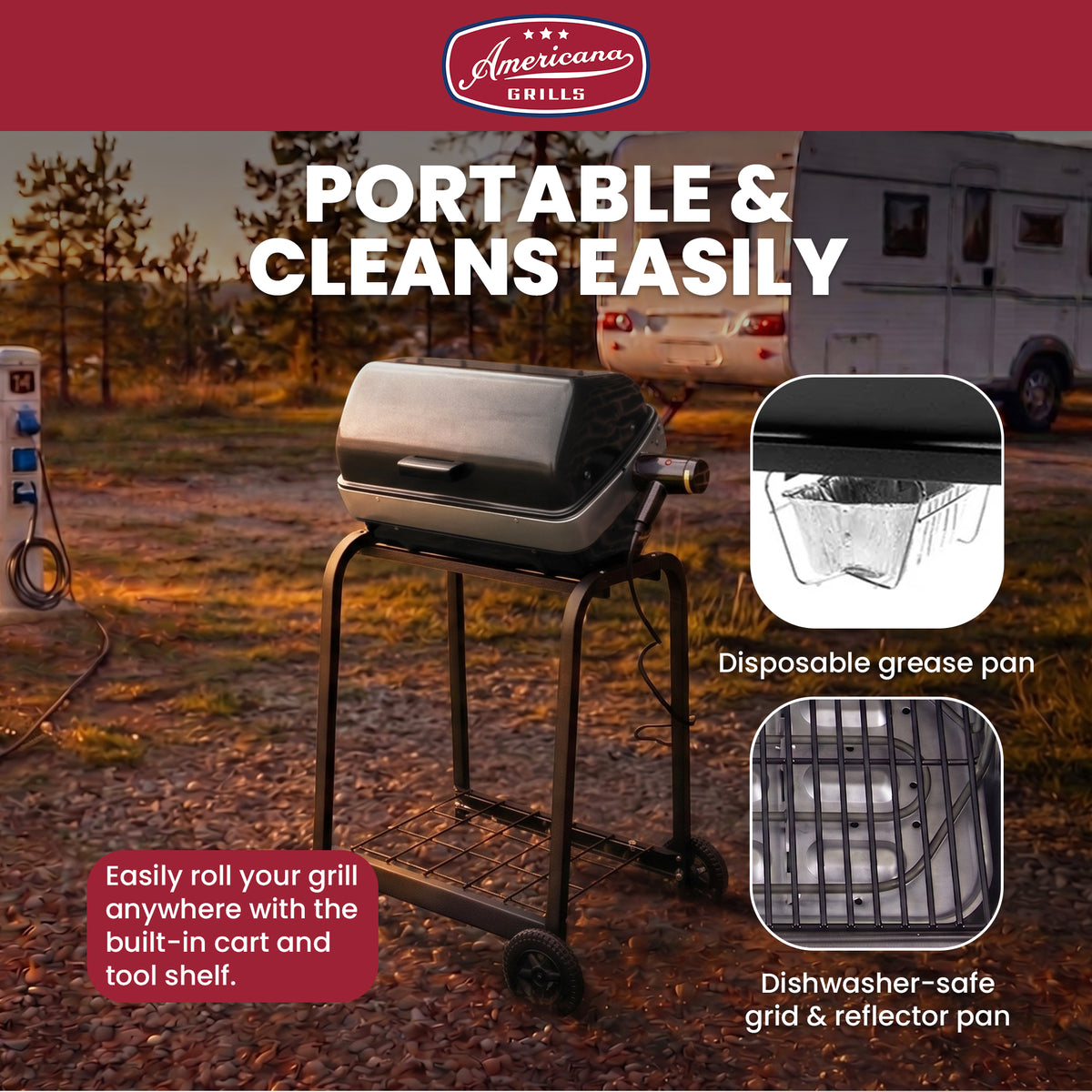 Americana Grills 3-Zone Cart Electric Grill, Outdoor Rolling Cart, Graphite - VMInnovations