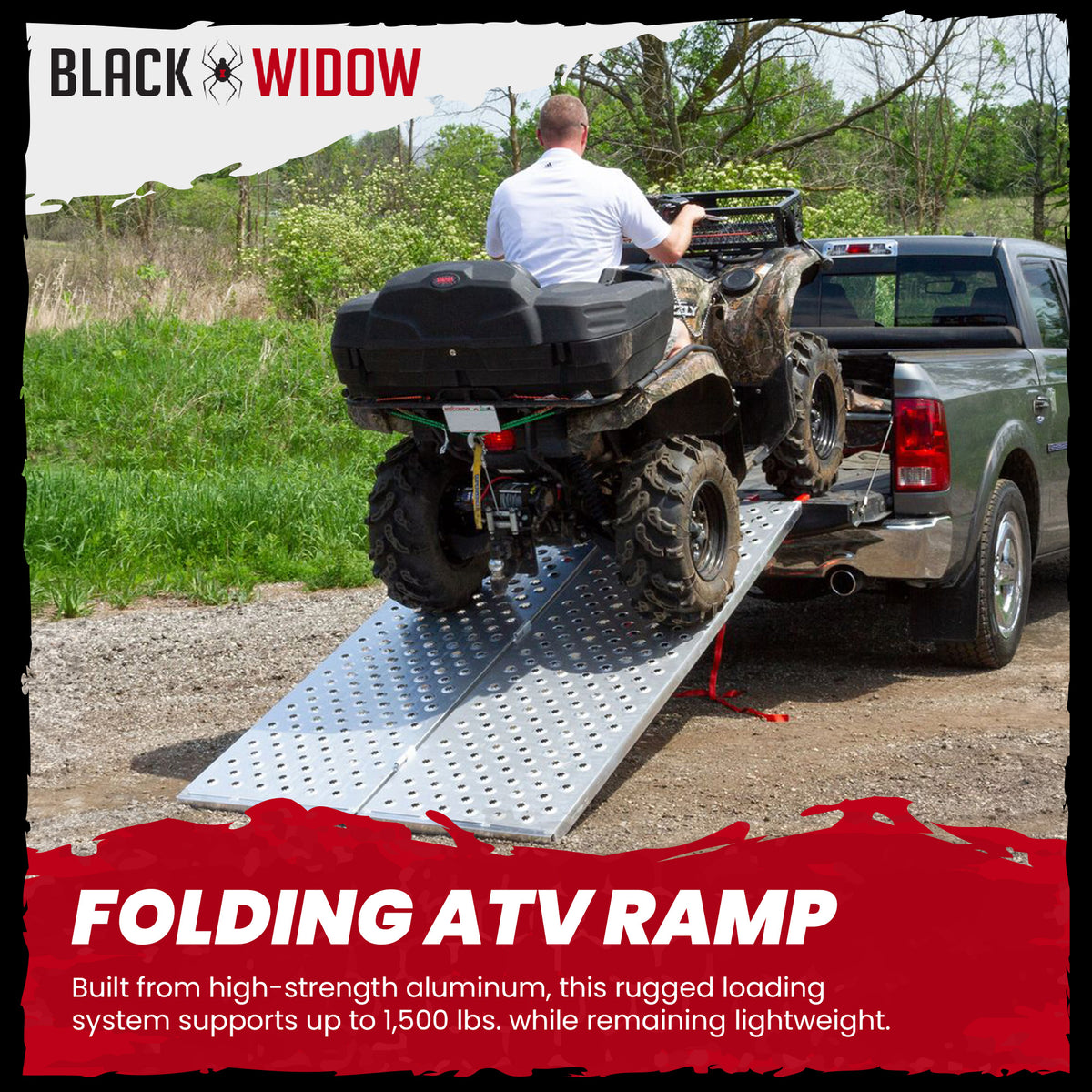 Black Widow 61.25" x 44" Aluminum Folding ATV Ramp, 1500 Lb Truck Ramp (Used)