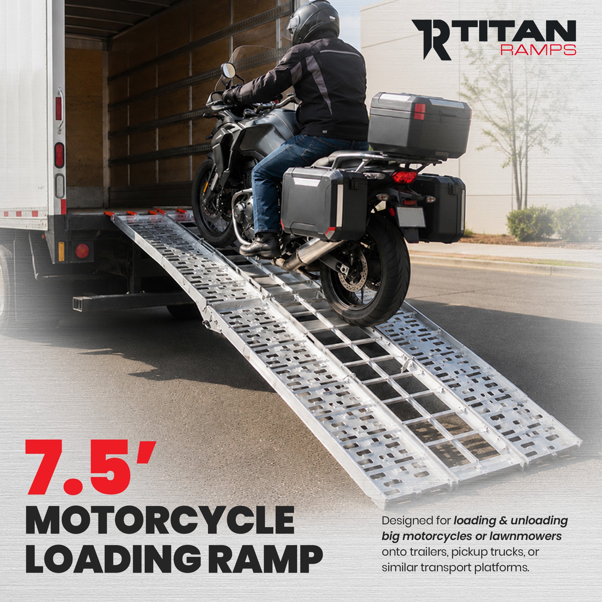 Titan Ramps 7.5 Ft Solid Plate Motorcycle Loading Ramp, 1,000Lb Capacity, Silver - VMInnovations