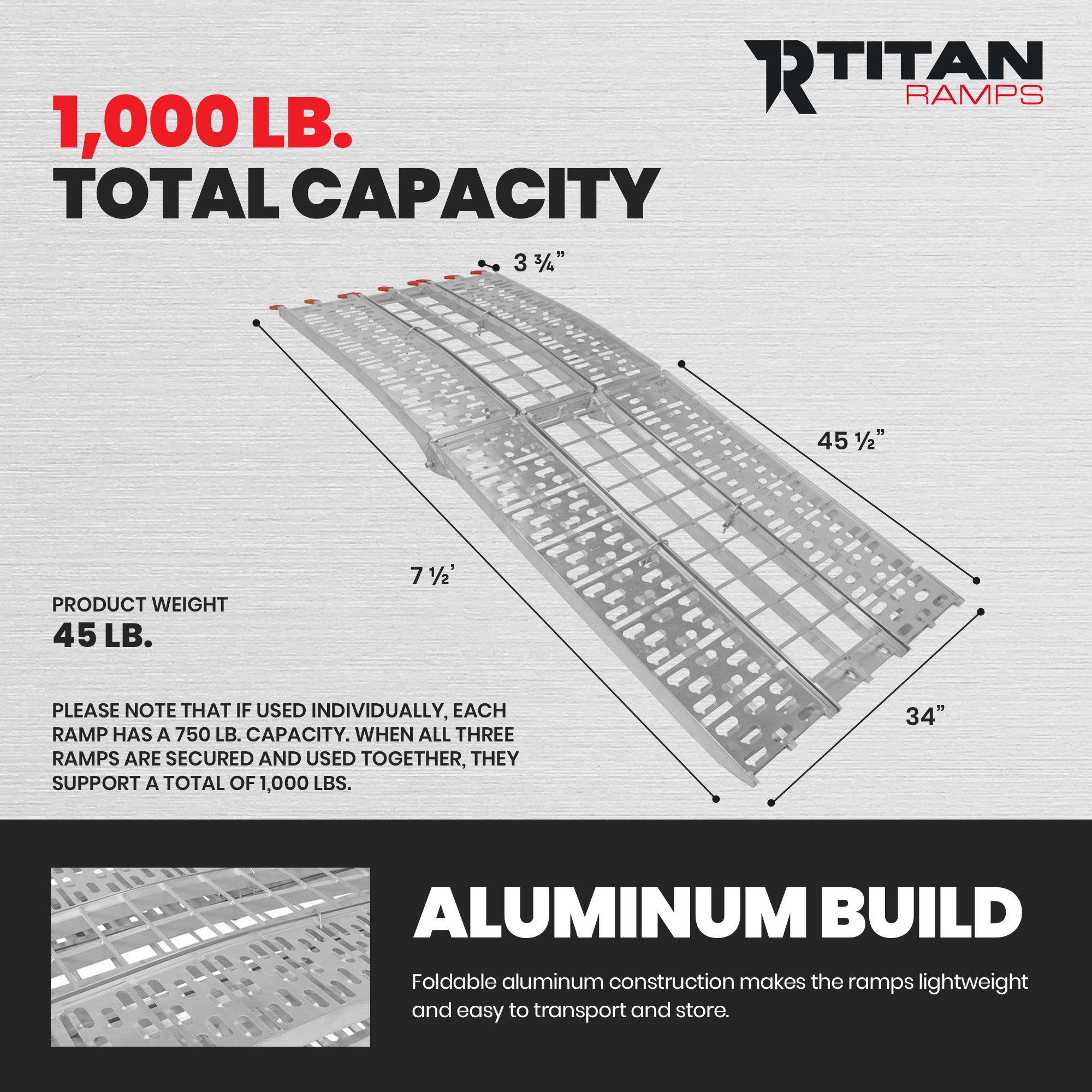 Titan Ramps 7.5 Ft Solid Plate Motorcycle Loading Ramp, 1,000Lb Capacity, Silver - VMInnovations